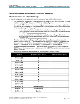 CCNA Exploration
Protocoles et concepts de routage : protocole RIP version 1 5.7.1 : Exercice d’intégration des compétences Packet Tracer
Tâche 1 : conception et documentation d’un schéma d’adressage
Étape 1 : conception d’un schéma d’adressage
À l’aide de la topologie et des spécifications suivantes, concevez un schéma d'adressage :
• Les liaisons WAN entre R1 et R2 et leurs routeurs ISP respectifs sont déjà configurées. En outre,
les liaisons entre les FAI et les serveurs Web sont déjà configurées.
• Le protocole RIPv1 étant un protocole de routage par classe, vous ne pouvez pas implémenter
de masques de sous-réseau de longueur variable (VLSM). Procédez comme suit pour subdiviser
l’espace d’adressage de chaque région :
• Le sous-réseau le plus important de l’espace d’adressage de Region 1 contient
1 000 hôtes. Quel masque de sous-réseau devez-vous utiliser pour l’espace d’adressage
10.1.0.0/16 ? __________________________
• Le sous-réseau le plus important de l’espace d’adressage de Region 2 contient
500 hôtes. Quel masque de sous-réseau devez-vous utiliser pour l’espace d’adressage
172.20.0.0/16 ? __________________________
• Pour les réseaux locaux de Region 1, affectez le sous-réseau 0 au réseau local connecté
à FastEthernet 0/0 sur B1-R1. Continuez à affecter les réseaux locaux les uns après les autres.
Le sous-réseau 1 est affecté au réseau local connecté à FastEthernet 0/1 sur B1-R1 ; le sous-
réseau 2 à FastEthernet 1/0 ; le sous-réseau 3 à FastEthernet 1/1, et ainsi de suite.
• Pour les réseaux étendus de Region 1, affectez le dernier sous-réseau à la liaison entre R1 et
B3-R1, l'avant-dernier sous-réseau à la liaison entre R1 et B2-R1 et l'antépénultième à la liaison
entre R1 et B1-R1.
• Indiquez les affectations de sous-réseau de Region 1 dans le tableau suivant :
Routeur Numéro du sous-réseau Adresse de sous-réseau
B1-R1 Fa0/0 0
>B1-R1 Fa0/1 1
B1-R1 Fa1/0 2
B1-R1 Fa1/1 3
B2-R1 Fa0/0 4
B2-R1 Fa0/1 5
B2-R1 Fa1/0 6
B2-R1 Fa1/1 7
B3-R1 Fa0/0 8
B3-R1 Fa0/1 9
B3-R1 Fa1/0 10
B3-R1 Fa1/1 11
B1-R1 <--> R1 Antépénultième
B2-R1 <--> R1 Avant-dernier
B3-R1 <--> R1 Dernier
Copyright sur l'intégralité du contenu © 1992–2007 Cisco Systems, Inc. Tous droits réservés.
Ce document contient des informations publiques Cisco. Page 4 sur 6
 