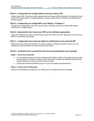 CCNA Exploration
Protocoles et concepts de routage : protocole RIP version 1 5.7.1 : Exercice d’intégration des compétences Packet Tracer
Copyright sur l'intégralité du contenu © 1992–2007 Cisco Systems, Inc. Tous droits réservés.
Ce document contient des informations publiques Cisco. Page 6 sur 6
Tâche 4 : configuration du routage statique entre les routeurs ISP
Chaque routeur ISP a déjà deux routes statiques vers les réseaux WAN directement connectés de l'autre
routeur ISP. Implémentez un routage statique sur chaque routeur ISP pour vérifier la connectivité entre
les deux régions.
Tâche 5 : configuration du routage RIPv1 pour Region 1 et Region 2
Configurez le routage RIP sur tous les routeurs locaux. N’oubliez pas que les routeurs ISP utilisent
uniquement le routage statique.
Tâche 6 : désactivation des mises à jour RIP sur les interfaces appropriées
Toutes les interfaces de routeur ne doivent pas envoyer de mises à jour RIP. Désactivez les mises à jour
RIP sur les interfaces appropriées.
Tâche 7 : configuration des routes par défaut et redistribution via le protocole RIP
Déterminez quels routeurs nécessitent une route par défaut. Configurez ensuite le routeur pour qu'il
redistribue la route par défaut aux autres routeurs de la région.
Tâche 8 : vérification de la connectivité entre tous les périphériques de la topologie
Étape 1 : test de la connectivité
• La connectivité de bout en bout doit maintenant être établie. Utilisez une requête ping pour tester
la connectivité sur le réseau. Chaque routeur doit pouvoir envoyer une requête ping à toutes les
autres interfaces de routeur et aux deux serveurs Web.
• Corrigez les éventuels problèmes jusqu’à ce que les requêtes ping fonctionnent.
Étape 2 : examen de la configuration
Utilisez les commandes de vérification pour vérifier que vos configurations sont complètes.
 
