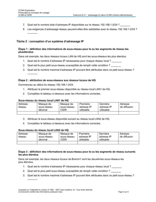 CCNA Exploration
Protocoles et concepts de routage :
VLSM et CIDR Exercice 6.4.1 : adressage et calcul VLSM (notions élémentaires)
Copyright sur l’intégralité du contenu © 1992 – 2007 Cisco Systems, Inc. Tous droits réservés.
Ce document contient des informations publiques Cisco. Page 3 sur 6
7. Quel est le nombre total d’adresses IP disponibles sur le réseau 192.168.1.0/24 ? _______
8. Les exigences d’adressage réseau peuvent-elles être satisfaites avec le réseau 192.168.1.0/24 ?
_______
Tâche 2 : conception d’un système d’adressage IP
Étape 1 : définition des informations de sous-réseau pour le ou les segments de réseau les
plusétendus
Dans cet exemple, les deux réseaux locaux LAN de HQ sont les sous-réseaux les plus étendus.
1. Quel est le nombre d’adresses IP nécessaires pour chaque réseau local ? _______
2. Quel est le plus petit sous-réseau susceptible de remplir cette condition ? _______
3. Quel est le nombre maximal d’adresses IP pouvant être attribuées dans ce petit sous-réseau ?
_______
Étape 2 : attribution de sous-réseaux aux réseaux locaux de HQ
Commencez au début du réseau 192.168.1.0/24.
1. Attribuez le premier sous-réseau disponible au réseau local LAN1 de HQ.
2. Complétez le tableau ci-dessous avec les informations correctes.
Sous-réseau du réseau local LAN1 de HQ
Adresse
réseau
Masque de
sous-réseau
décimal
Masque de
sous-réseau
CIDR
Première
adresse IP
utilisable
Dernière
adresse IP
utilisable
Adresse
de diffusion
3. Attribuez le sous-réseau disponible suivant au réseau local LAN2 de HQ.
4. Complétez le tableau ci-dessous avec les informations correctes.
Sous-réseau du réseau local LAN2 de HQ
Adresse
réseau
Masque de
sous-réseau
décimal
Masque de
sous-réseau
CIDR
Première
adresse IP
utilisable
Dernière
adresse IP
utilisable
Adresse
de diffusion
Étape 3 : définition des informations de sous-réseau pour le ou les segments de réseau suivants
les plus étendus
Dans cet exemple, les deux réseaux locaux de Branch1 sont les deuxièmes sous-réseaux les
plus étendus.
1. Quel est le nombre d’adresses IP nécessaires pour chaque réseau local ? _______
2. Quel est le plus petit sous-réseau susceptible de remplir cette condition ? _______
3. Quel est le nombre maximal d’adresses IP pouvant être attribuées dans ce petit sous-réseau ?
_______
 