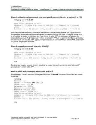 CCNA Exploration
Protocoles et concepts de routage :
Présentation du routage et du transfert de paquets Travaux pratiques 1.5.1 : câblage d’un réseau et configuration de base des routeurs
Étape 1 : utilisation de la commande ping pour tester la connectivité entre le routeur R1 et PC1
R1#ping 192.168.1.10
Type escape sequence to abort.
Sending 5, 100-byte ICMP Echos to 192.168.1.10, timeout is 2 seconds:
.!!!!
Success rate is 80 percent (4/5), round-trip min/avg/max = 72/79/91 ms
Chaque point d'exclamation (!) indique un écho réussi. Chaque point (.) indique que l’application sur
le routeur est temporisée pendant qu'elle attend un paquet d'écho d’une cible. Le premier paquet ping
a échoué car le routeur ne disposait pas d’une entrée de table ARP correspondant à l’adresse de
destination du paquet IP. En l’absence d’entrée dans la table ARP, le paquet est abandonné. Le routeur
envoie ensuite une requête ARP, reçoit une réponse et ajoute l’adresse MAC à la table ARP. Le transfert
du paquet ping suivant est réussi.
Étape 2 : nouvelle commande ping entre R1 et PC1
R1#ping 192.168.1.10
Type escape sequence to abort.
Sending 5, 100-byte ICMP Echos to 192.168.1.10, timeout is 2 seconds:
!!!!!
Success rate is 100 percent (5/5), round-trip min/avg/max = 72/83/93 ms
R1#
Dans ce cas, tous les paquets ping ont abouti car le routeur comporte une entrée pour l’adresse IP
de destination dans la table ARP.
Étape 3 : envoi d’un paquet ping étendu entre R1 et PC1
Entrez ping à l’invite d’exécution privilégiée et appuyez sur Entrée. Répondez comme suit aux invites
suivantes :
R1#ping
Protocol [ip]:
Target IP address: 192.168.1.10
Repeat count [5]: 10
Datagram size [100]:
Timeout in seconds [2]:
Extended commands [n]:
Sweep range of sizes [n]:
Type escape sequence to abort.
Sending 10, 100-byte ICMP Echos to 192.168.1.10, timeout is 2 seconds:
!!!!!!!!!!
Success rate is 100 percent (10/10), round-trip min/avg/max = 53/77/94 ms
R1#
Copyright sur l’intégralité du contenu © 1992 – 2007 Cisco Systems, Inc. Tous droits réservés.
Ce document contient des informations publiques Cisco. Page 16 sur 30
 