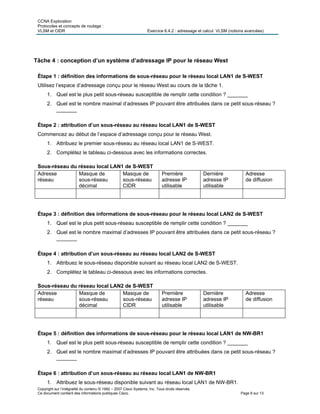 CCNA Exploration
Protocoles et concepts de routage :
VLSM et CIDR Exercice 6.4.2 : adressage et calcul VLSM (notions avancées)
Copyright sur l’intégralité du contenu © 1992 – 2007 Cisco Systems, Inc. Tous droits réservés.
Ce document contient des informations publiques Cisco. Page 6 sur 13
Tâche 4 : conception d’un système d’adressage IP pour le réseau West
Étape 1 : définition des informations de sous-réseau pour le réseau local LAN1 de S-WEST
Utilisez l’espace d’adressage conçu pour le réseau West au cours de la tâche 1.
1. Quel est le plus petit sous-réseau susceptible de remplir cette condition ? _______
2. Quel est le nombre maximal d’adresses IP pouvant être attribuées dans ce petit sous-réseau ?
_______
Étape 2 : attribution d’un sous-réseau au réseau local LAN1 de S-WEST
Commencez au début de l’espace d’adressage conçu pour le réseau West.
1. Attribuez le premier sous-réseau au réseau local LAN1 de S-WEST.
2. Complétez le tableau ci-dessous avec les informations correctes.
Sous-réseau du réseau local LAN1 de S-WEST
Adresse
réseau
Masque de
sous-réseau
décimal
Masque de
sous-réseau
CIDR
Première
adresse IP
utilisable
Dernière
adresse IP
utilisable
Adresse
de diffusion
Étape 3 : définition des informations de sous-réseau pour le réseau local LAN2 de S-WEST
1. Quel est le plus petit sous-réseau susceptible de remplir cette condition ? _______
2. Quel est le nombre maximal d’adresses IP pouvant être attribuées dans ce petit sous-réseau ?
_______
Étape 4 : attribution d’un sous-réseau au réseau local LAN2 de S-WEST
1. Attribuez le sous-réseau disponible suivant au réseau local LAN2 de S-WEST.
2. Complétez le tableau ci-dessous avec les informations correctes.
Sous-réseau du réseau local LAN2 de S-WEST
Adresse
réseau
Masque de
sous-réseau
décimal
Masque de
sous-réseau
CIDR
Première
adresse IP
utilisable
Dernière
adresse IP
utilisable
Adresse
de diffusion
Étape 5 : définition des informations de sous-réseau pour le réseau local LAN1 de NW-BR1
1. Quel est le plus petit sous-réseau susceptible de remplir cette condition ? _______
2. Quel est le nombre maximal d’adresses IP pouvant être attribuées dans ce petit sous-réseau ?
_______
Étape 6 : attribution d’un sous-réseau au réseau local LAN1 de NW-BR1
1. Attribuez le sous-réseau disponible suivant au réseau local LAN1 de NW-BR1.
 