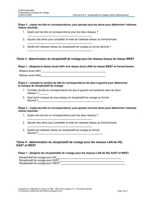 CCNA Exploration
Protocoles et concepts de routage :
VLSM et CIDR Exercice 6.4.4 : récapitulatif de routage (notions élémentaires)
Copyright sur l’intégralité du contenu © 1992 – 2007 Cisco Systems, Inc. Tous droits réservés.
Ce document contient des informations publiques Cisco. Page 3 sur 4
Étape 3 : copiez les bits en correspondance, puis ajoutez tous les zéros pour déterminer l’adresse
réseau résumée.
1. Quels sont les bits en correspondance pour les deux réseaux ?
______________________________________________
2. Ajoutez des zéros pour compléter le reste de l’adresse réseau au format binaire.
______________________________________________
3. Quelle est l’adresse réseau du récapitulatif de routage au format décimal ?
______________________________________________
Tâche 3 : détermination du récapitulatif de routage pour les réseaux locaux du réseau WEST
Étape 1 : désignez le réseau local LAN1 et le réseau local LAN2 du réseau WEST au format binaire.
Réseau local LAN1______________________________________________
Réseau local LAN2______________________________________________
Étape 2 : comptez le nombre de bits en correspondance les plus à gauche pour déterminer
le masque de récapitulatif de routage.
1. Combien de bits en correspondance les plus à gauche sont présents dans les deux
réseaux ?_______
2. Quel est le masque de sous-réseau du récapitulatif de routage au format
décimal ?______________________________________________
Étape 3 : copiez les bits en correspondance, puis ajoutez tous les zéros pour déterminer l’adresse
réseau résumée.
1. Quels sont les bits en correspondance pour les deux réseaux ?
______________________________________________
2. Ajoutez des zéros pour compléter le reste de l’adresse réseau au format binaire.
______________________________________________
3. Quelle est l’adresse réseau du récapitulatif de routage au format
décimal ?______________________________________________
Tâche 4 : détermination du récapitulatif de routage pour les réseaux LAN de HQ,
EAST et WEST
Étape 1 : désignez les récapitulatifs de routage pour les réseaux LAN de HQ, EAST et WEST.
Récapitulatif de routage pour HQ______________________________________________
Récapitulatif de routage pour EAST______________________________________________
Récapitulatif de routage pour WEST ______________________________________________
 