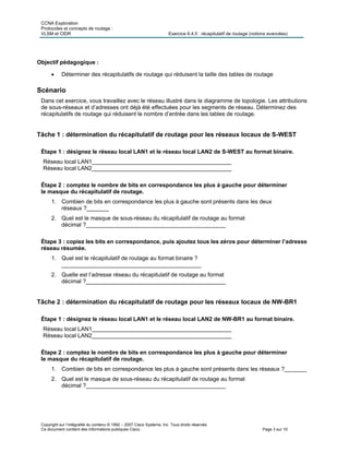 CCNA Exploration
Protocoles et concepts de routage :
VLSM et CIDR Exercice 6.4.5 : récapitulatif de routage (notions avancées)
Copyright sur l’intégralité du contenu © 1992 – 2007 Cisco Systems, Inc. Tous droits réservés.
Ce document contient des informations publiques Cisco. Page 3 sur 10
Objectif pédagogique :
 Déterminer des récapitulatifs de routage qui réduisent la taille des tables de routage
Scénario
Dans cet exercice, vous travaillez avec le réseau illustré dans le diagramme de topologie. Les attributions
de sous-réseaux et d’adresses ont déjà été effectuées pour les segments de réseau. Déterminez des
récapitulatifs de routage qui réduisent le nombre d’entrée dans les tables de routage.
Tâche 1 : détermination du récapitulatif de routage pour les réseaux locaux de S-WEST
Étape 1 : désignez le réseau local LAN1 et le réseau local LAN2 de S-WEST au format binaire.
Réseau local LAN1____________________________________________
Réseau local LAN2____________________________________________
Étape 2 : comptez le nombre de bits en correspondance les plus à gauche pour déterminer
le masque du récapitulatif de routage.
1. Combien de bits en correspondance les plus à gauche sont présents dans les deux
réseaux ?_______
2. Quel est le masque de sous-réseau du récapitulatif de routage au format
décimal ?____________________________________________
Étape 3 : copiez les bits en correspondance, puis ajoutez tous les zéros pour déterminer l’adresse
réseau résumée.
1. Quel est le récapitulatif de routage au format binaire ?
____________________________________________
2. Quelle est l’adresse réseau du récapitulatif de routage au format
décimal ?____________________________________________
Tâche 2 : détermination du récapitulatif de routage pour les réseaux locaux de NW-BR1
Étape 1 : désignez le réseau local LAN1 et le réseau local LAN2 de NW-BR1 au format binaire.
Réseau local LAN1____________________________________________
Réseau local LAN2____________________________________________
Étape 2 : comptez le nombre de bits en correspondance les plus à gauche pour déterminer
le masque du récapitulatif de routage.
1. Combien de bits en correspondance les plus à gauche sont présents dans les réseaux ?_______
2. Quel est le masque de sous-réseau du récapitulatif de routage au format
décimal ?____________________________________________
 