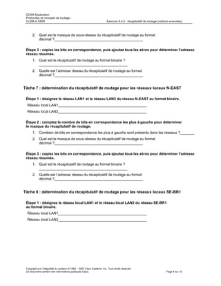 CCNA Exploration
Protocoles et concepts de routage :
VLSM et CIDR Exercice 6.4.5 : récapitulatif de routage (notions avancées)
Copyright sur l’intégralité du contenu © 1992 – 2007 Cisco Systems, Inc. Tous droits réservés.
Ce document contient des informations publiques Cisco. Page 6 sur 10
2. Quel est le masque de sous-réseau du récapitulatif de routage au format
décimal ?____________________________________________
Étape 3 : copiez les bits en correspondance, puis ajoutez tous les zéros pour déterminer l’adresse
réseau résumée.
1. Quel est le récapitulatif de routage au format binaire ?
____________________________________________
2. Quelle est l’adresse réseau du récapitulatif de routage au format
décimal ?____________________________________________
Tâche 7 : détermination du récapitulatif de routage pour les réseaux locaux N-EAST
Étape 1 : désignez le réseau LAN1 et le réseau LAN2 du réseau N-EAST au format binaire.
Réseau local LAN1____________________________________________
Réseau local LAN2____________________________________________
Étape 2 : comptez le nombre de bits en correspondance les plus à gauche pour déterminer
le masque du récapitulatif de routage.
1. Combien de bits en correspondance les plus à gauche sont présents dans les réseaux ?_______
2. Quel est le masque de sous-réseau du récapitulatif de routage au format
décimal ?____________________________________________
Étape 3 : copiez les bits en correspondance, puis ajoutez tous les zéros pour déterminer l’adresse
réseau résumée.
1. Quel est le récapitulatif de routage au format binaire ?
____________________________________________
2. Quelle est l’adresse réseau du récapitulatif de routage au format
décimal ?____________________________________________
Tâche 8 : détermination du récapitulatif de routage pour les réseaux locaux SE-BR1
Étape 1 : désignez le réseau local LAN1 et le réseau local LAN2 du réseau SE-BR1
au format binaire.
Réseau local LAN1____________________________________________
Réseau local LAN2____________________________________________
 