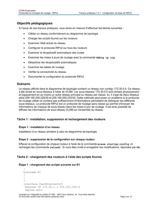 CCNA Exploration
Protocoles et concepts de routage : RIPv2 Travaux pratiques 7.5.1 : configuration de base de RIPv2
Copyright sur l’intégralité du contenu © 1992 – 2007 Cisco Systems, Inc. Tous droits réservés.
Ce document contient des informations publiques Cisco. Page 2 sur 12
Objectifs pédagogiques
À l’issue de ces travaux pratiques, vous serez en mesure d’effectuer les tâches suivantes :
 Câbler un réseau conformément au diagramme de topologie
 Charger les scripts fournis sur les routeurs
 Examiner l'état actuel du réseau
 Configurer le protocole RIPv2 sur tous les routeurs
 Examiner le récapitulatif automatique des routes
 Examiner les mises à jours de routage avec la commande debug ip rip
 Désactiver les récapitulatifs automatiques
 Examiner les tables de routage
 Vérifier la connectivité du réseau
 Documenter la configuration du protocole RIPv2
Scénario
Le réseau affiché dans le diagramme de topologie contient un réseau non contigu 172.30.0.0. Ce réseau
a été divisé en sous-réseaux à l'aide de VLSM. Les sous-réseaux 172.30.0.0 sont divisés physiquement
et logiquement en au moins un autre réseau principal ou réseau par classe. Ici, il s'agit de deux réseaux
série 209.165.200.228/30 et 209.165.200.232/30. Cette méthode peut poser un problème si le protocole
de routage utilisé ne contient pas suffisamment d'informations permettant de distinguer les différents
sous-réseaux. Le protocole RIPv2 est un protocole de routage sans classe qui permet d'envoyer les
informations de masque de sous-réseau dans les mises à jour de routage. Il est ainsi possible de
diffuser les informations de sous-réseau VLSM sur l'ensemble du réseau.
Tâche 1 : installation, suppression et rechargement des routeurs
Étape 1 : installation d’un réseau
Installation d’un réseau similaire à celui du diagramme de topologie.
Étape 2 : suppression de la configuration sur chaque routeur
Effacez la configuration de chaque routeur à l'aide de la commande erase startup-config et
rechargez-les (commande reload). Si vous êtes invité à enregistrer les modifications, répondez par no.
Tâche 2 : chargement des routeurs à l’aide des scripts fournis
Étape 1 : chargement des scripts suivants sur R1
!
hostname R1
!
!
!
interface FastEthernet0/0
Adresse IP 172.30.1.1 255.255.255.0
duplex auto
 