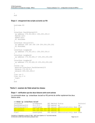CCNA Exploration
Protocoles et concepts de routage : RIPv2 Travaux pratiques 7.5.1 : configuration de base de RIPv2
Copyright sur l’intégralité du contenu © 1992 – 2007 Cisco Systems, Inc. Tous droits réservés.
Ce document contient des informations publiques Cisco. Page 4 sur 12
!
end
Étape 3 : chargement des scripts suivants sur R3
hostname R3
!
!
!
interface FastEthernet0/0
ip address 172.30.100.1 255.255.255.0
duplex auto
speed auto
no shutdown
!
interface Serial0/0/1
ip address 209 165 200 234 255.255.255.252
no shutdown
!
interface Loopback0
ip address 172.30.110.1 255.255.255.0
!
interface Loopback1
ip address 172.30.200.17 255.255.255.240
!
interface Loopback2
ip address 172.30.200.33 255.255.255.240
!
router rip
passive-interface FastEthernet0/0
network 172.30.0.0
network 209.165.200.0
!
line con 0
line vty 0 4
login
!
end
Tâche 3 : examen de l'état actuel du réseau
Étape 1 : vérification que les deux liaisons série sont actives
La commande show ip interface brief sur R2 permet de vérifier rapidement les deux
liaisons série.
R2#show ip interface brief
Interface IP-Address OK? Method Status Protocol
FastEthernet0/0 10.1.0.1 YES manual up up
FastEthernet0/1 unassigned YES manual administratively down down
Serial0/0/0 209 165 200 229 YES manual up up
Serial0/0/1 209.165.200.233 YES manual up up
Vlan1 unassigned YES manual administratively down down
 