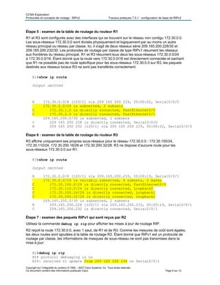 CCNA Exploration
Protocoles et concepts de routage : RIPv2 Travaux pratiques 7.5.1 : configuration de base de RIPv2
Copyright sur l’intégralité du contenu © 1992 – 2007 Cisco Systems, Inc. Tous droits réservés.
Ce document contient des informations publiques Cisco. Page 6 sur 12
Étape 5 : examen de la table de routage du routeur R1
R1 et R3 sont configurés avec des interfaces qui se trouvent sur le réseau non contigu 172.30.0.0.
Les sous-réseaux 172.30.0.0 sont divisés physiquement et logiquement par au moins un autre
réseau principal ou réseau par classe. Ici, il s'agit de deux réseaux série 209.165.200.228/30 et
209.165.200.232/30. Les protocoles de routage par classe de type RIPv1 résument les réseaux
aux frontières du réseau principal. R1 et R3 résument tous deux les sous-réseaux 172.30.0.0/24
à 172.30.0.0/16. Étant donné que la route vers 172.30.0.0/16 est directement connectée et sachant
que R1 ne possède pas de route spécifique pour les sous-réseaux 172.30.0.0 sur R3, les paquets
destinés aux réseaux locaux R3 ne sont pas transférés correctement.
R1#show ip route
Output omitted
R 172.30.0.0/8 [120/1] via 209 165 200 229, 00:00:02, Serial0/0/0
172.30.0.0/24 is subnetted, 2 subnets
C 172.30.1.0 is directly connected, FastEthernet0/0
C 172.30.2.0 is directly connected, FastEthernet0/1
209.165.200.0/30 is subnetted, 2 subnets
C 209 165 200 228 is directly connected, Serial0/0/0
R 209 165 200 232 [120/1] via 209 165 200 229, 00:00:02, Serial0/0/0
Étape 6 : examen de la table de routage du routeur R3
R3 affiche uniquement ses propres sous-réseaux pour le réseau 172.30.0.0 : 172.30.100/24,
172.30.110/24, 172.30.200.16/28 et 172.30.200.32/28. R3 ne dispose d’aucune route pour les
sous-réseaux 172.30.0.0 sur R1.
R3#show ip route
Output omitted
R 172.30.0.0/8 [120/1] via 209.165.200.233, 00:00:19, Serial0/0/1
172.30.0.0/16 is variably subnetted, 4 subnets, 2 masks
C 172.30.100.0/24 is directly connected, FastEthernet0/0
C 172.30.110.0/24 is directly connected, Loopback0
C 172.30.200.16/28 is directly connected, Loopback1
C 172.30.200.32/28 is directly connected, Loopback2
209.165.200.0/30 is subnetted, 2 subnets
R 209.165.200.228 [120/1] via 209.165.200.233, 00:00:19, Serial0/0/1
C 209.165.200.232 is directly connected, Serial0/0/1
Étape 7 : examen des paquets RIPv1 qui sont reçus par R2
Utilisez la commande debug ip rip pour afficher les mises à jour de routage RIP.
R2 reçoit la route 172.30.0.0, avec 1 saut, de R1 et de R3. Comme les mesures de coût sont égales,
les deux routes sont ajoutées à la table de routage R2. Étant donné que RIPv1 est un protocole de
routage par classe, les informations de masques de sous-réseau ne sont pas transmises dans la
mise à jour.
R2#debug ip rip
RIP protocol debugging is on
RIP: received v1 update from 209 165 200 234 on Serial0/0/1
 