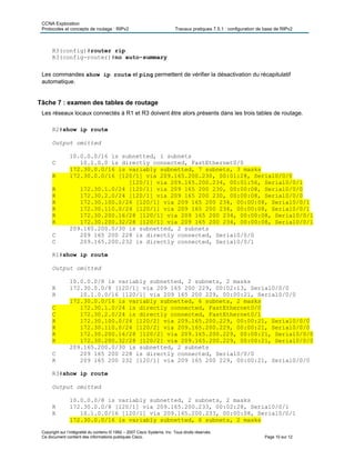 CCNA Exploration
Protocoles et concepts de routage : RIPv2 Travaux pratiques 7.5.1 : configuration de base de RIPv2
Copyright sur l’intégralité du contenu © 1992 – 2007 Cisco Systems, Inc. Tous droits réservés.
Ce document contient des informations publiques Cisco. Page 10 sur 12
R3(config)#router rip
R3(config-router)#no auto-summary
Les commandes show ip route et ping permettent de vérifier la désactivation du récapitulatif
automatique.
Tâche 7 : examen des tables de routage
Les réseaux locaux connectés à R1 et R3 doivent être alors présents dans les trois tables de routage.
R2#show ip route
Output omitted
10.0.0.0/16 is subnetted, 1 subnets
C 10.1.0.0 is directly connected, FastEthernet0/0
172.30.0.0/16 is variably subnetted, 7 subnets, 3 masks
R 172.30.0.0/16 [120/1] via 209.165.200.230, 00:01:28, Serial0/0/0
[120/1] via 209.165.200.234, 00:01:56, Serial0/0/1
R 172.30.1.0/24 [120/1] via 209 165 200 230, 00:00:08, Serial0/0/0
R 172.30.2.0/24 [120/1] via 209 165 200 230, 00:00:08, Serial0/0/0
R 172.30.100.0/24 [120/1] via 209 165 200 234, 00:00:08, Serial0/0/1
R 172.30.110.0/24 [120/1] via 209 165 200 234, 00:00:08, Serial0/0/1
R 172.30.200.16/28 [120/1] via 209 165 200 234, 00:00:08, Serial0/0/1
R 172.30.200.32/28 [120/1] via 209 165 200 234, 00:00:08, Serial0/0/1
209.165.200.0/30 is subnetted, 2 subnets
C 209 165 200 228 is directly connected, Serial0/0/0
C 209.165.200.232 is directly connected, Serial0/0/1
R1#show ip route
Output omitted
10.0.0.0/8 is variably subnetted, 2 subnets, 2 masks
R 172.30.0.0/8 [120/1] via 209 165 200 229, 00:02:13, Serial0/0/0
R 10.1.0.0/16 [120/1] via 209 165 200 229, 00:00:21, Serial0/0/0
172.30.0.0/16 is variably subnetted, 6 subnets, 2 masks
C 172.30.1.0/24 is directly connected, FastEthernet0/0
C 172.30.2.0/24 is directly connected, FastEthernet0/1
R 172.30.100.0/24 [120/2] via 209.165.200.229, 00:00:21, Serial0/0/0
R 172.30.110.0/24 [120/2] via 209.165.200.229, 00:00:21, Serial0/0/0
R 172.30.200.16/28 [120/2] via 209.165.200.229, 00:00:21, Serial0/0/0
R 172.30.200.32/28 [120/2] via 209.165.200.229, 00:00:21, Serial0/0/0
209.165.200.0/30 is subnetted, 2 subnets
C 209 165 200 228 is directly connected, Serial0/0/0
R 209 165 200 232 [120/1] via 209 165 200 229, 00:00:21, Serial0/0/0
R3#show ip route
Output omitted
10.0.0.0/8 is variably subnetted, 2 subnets, 2 masks
R 172.30.0.0/8 [120/1] via 209.165.200.233, 00:02:28, Serial0/0/1
R 10.1.0.0/16 [120/1] via 209.165.200.233, 00:00:08, Serial0/0/1
172.30.0.0/16 is variably subnetted, 6 subnets, 2 masks
 