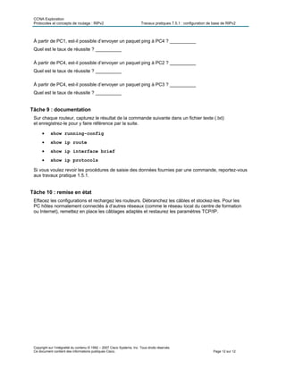CCNA Exploration
Protocoles et concepts de routage : RIPv2 Travaux pratiques 7.5.1 : configuration de base de RIPv2
Copyright sur l’intégralité du contenu © 1992 – 2007 Cisco Systems, Inc. Tous droits réservés.
Ce document contient des informations publiques Cisco. Page 12 sur 12
À partir de PC1, est-il possible d’envoyer un paquet ping à PC4 ? __________
Quel est le taux de réussite ? __________
À partir de PC4, est-il possible d’envoyer un paquet ping à PC2 ? __________
Quel est le taux de réussite ? __________
À partir de PC4, est-il possible d’envoyer un paquet ping à PC3 ? __________
Quel est le taux de réussite ? __________
Tâche 9 : documentation
Sur chaque routeur, capturez le résultat de la commande suivante dans un fichier texte (.txt)
et enregistrez-le pour y faire référence par la suite.
 show running-config
 show ip route
 show ip interface brief
 show ip protocols
Si vous voulez revoir les procédures de saisie des données fournies par une commande, reportez-vous
aux travaux pratique 1.5.1.
Tâche 10 : remise en état
Effacez les configurations et rechargez les routeurs. Débranchez les câbles et stockez-les. Pour les
PC hôtes normalement connectés à d’autres réseaux (comme le réseau local du centre de formation
ou Internet), remettez en place les câblages adaptés et restaurez les paramètres TCP/IP.
 