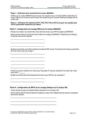 CCNA Exploration Travaux pratiques 7.5.2 :
Protocoles et concepts de routage : RIPv2 travaux pratiques avancés de configuration de RIPv2
Copyright sur l’intégralité du contenu © 1992 – 2007 Cisco Systems, Inc. Tous droits réservés.
Ce document contient des informations publiques Cisco. Page 5 sur 8
Étape 1 : vérification de la connectivité du routeur BRANCH
Vérifiez que le routeur BRANCH peut envoyer une requête ping sur la liaison WAN à destination du
routeur HQ et que ce dernier peut envoyer une requête ping sur la liaison WAN qu’il partage avec le
routeur ISP.
Étape 2 : vérification de l’aptitude de PC1, PC2, PC3, PC4 et PC5 à envoyer une requête ping
à leurs passerelles respectives par défaut
Tâche 7 : configuration du routage RIPv2 sur le routeur BRANCH
Pensez aux réseaux qui doivent être inclus dans les mises à jour RIP envoyées par BRANCH.
Quels sont les réseaux qui figurent dans la table de routage de BRANCH ? Répertoriez les réseaux
comportant des barres obliques.
________________________________________
________________________________________
________________________________________
Quelles commandes permettent d’activer le protocole RIP version 2 et d’inclure les réseaux connectés
dans les mises à jour de routage ?
________________________________________
________________________________________
________________________________________
________________________________________
________________________________________
Existe-t-il d’autres interfaces de routeur pour lesquelles il n’est pas nécessaire d’envoyer des mises
à jour RIP ? _______
Quelle commande permet de désactiver les mises à jour RIP sur ces interfaces ?
________________________________________
________________________________________
Tâche 8 : configuration de RIPv2 et du routage statique sur le routeur HQ
Tenez compte du type de routage statique nécessaire sur le routeur HQ.
Quels réseaux figurent dans la table de routage du routeur HQ ? Répertoriez les réseaux comportant
des barres obliques.
______________________________________________________
______________________________________________________
______________________________________________________
 
