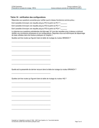 CCNA Exploration Travaux pratiques 7.5.2 :
Protocoles et concepts de routage : RIPv2 travaux pratiques avancés de configuration de RIPv2
Copyright sur l’intégralité du contenu © 1992 – 2007 Cisco Systems, Inc. Tous droits réservés.
Ce document contient des informations publiques Cisco. Page 7 sur 8
Tâche 10 : vérification des configurations
Répondez aux questions suivantes pour vérifier que le réseau fonctionne comme prévu :
Est-il possible d’envoyer une requête ping au PC3 à partir du PC1 ? _______
Est-il possible d’envoyer une requête ping au PC5 à partir du PC1 ? _______
Est-il possible d’envoyer une requête ping au PC5 à partir du PC4 ? _______
La réponse aux questions précédentes doit être oui. Si l’une des requêtes ping ci-dessus a échoué,
vérifiez vos connexions physiques et vos configurations. Reportez-vous aux techniques de dépannage
de base utilisées dans les travaux pratiques du chapitre 1.
Quelles sont les routes qui figurent dans la table de routage du routeur BRANCH ?
________________________________________
________________________________________
________________________________________
________________________________________
________________________________________
________________________________________
Quelle est la passerelle de dernier recours dans la table de routage du routeur BRANCH ?
________________________________________
Quelles sont les routes qui figurent dans la table de routage du routeur HQ ?
________________________________________
________________________________________
________________________________________
________________________________________
________________________________________
________________________________________
________________________________________
 
