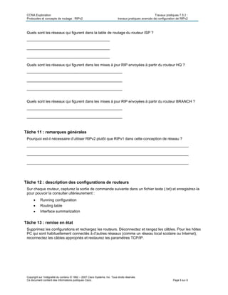 CCNA Exploration Travaux pratiques 7.5.2 :
Protocoles et concepts de routage : RIPv2 travaux pratiques avancés de configuration de RIPv2
Copyright sur l’intégralité du contenu © 1992 – 2007 Cisco Systems, Inc. Tous droits réservés.
Ce document contient des informations publiques Cisco. Page 8 sur 8
Quels sont les réseaux qui figurent dans la table de routage du routeur ISP ?
________________________________________
________________________________________
________________________________________
Quels sont les réseaux qui figurent dans les mises à jour RIP envoyées à partir du routeur HQ ?
______________________________________________
______________________________________________
______________________________________________
Quels sont les réseaux qui figurent dans les mises à jour RIP envoyées à partir du routeur BRANCH ?
______________________________________________
______________________________________________
Tâche 11 : remarques générales
Pourquoi est-il nécessaire d’utiliser RIPv2 plutôt que RIPv1 dans cette conception de réseau ?
______________________________________________________________________________
______________________________________________________________________________
______________________________________________________________________________
Tâche 12 : description des configurations de routeurs
Sur chaque routeur, capturez la sortie de commande suivante dans un fichier texte (.txt) et enregistrez-la
pour pouvoir la consulter ultérieurement :
 Running configuration
 Routing table
 Interface summarization
Tâche 13 : remise en état
Supprimez les configurations et rechargez les routeurs. Déconnectez et rangez les câbles. Pour les hôtes
PC qui sont habituellement connectés à d’autres réseaux (comme un réseau local scolaire ou Internet),
reconnectez les câbles appropriés et restaurez les paramètres TCP/IP.
 