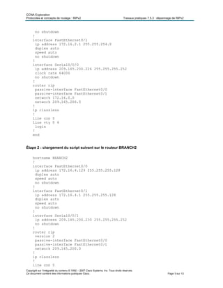 CCNA Exploration
Protocoles et concepts de routage : RIPv2 Travaux pratiques 7.5.3 : dépannage de RIPv2
Copyright sur l’intégralité du contenu © 1992 – 2007 Cisco Systems, Inc. Tous droits réservés.
Ce document contient des informations publiques Cisco. Page 3 sur 13
no shutdown
!
interface FastEthernet0/1
ip address 172.16.2.1 255.255.254.0
duplex auto
speed auto
no shutdown
!
interface Serial0/0/0
ip address 209.165.200.226 255.255.255.252
clock rate 64000
no shutdown
!
router rip
passive-interface FastEthernet0/0
passive-interface FastEthernet0/1
network 172.16.0.0
network 209.165.200.0
!
ip classless
!
line con 0
line vty 0 4
login
!
end
Étape 2 : chargement du script suivant sur le routeur BRANCH2
hostname BRANCH2
!
interface FastEthernet0/0
ip address 172.16.4.129 255.255.255.128
duplex auto
speed auto
no shutdown
!
interface FastEthernet0/1
ip address 172.16.4.1 255.255.255.128
duplex auto
speed auto
no shutdown
!
interface Serial0/0/1
ip address 209.165.200.230 255.255.255.252
no shutdown
!
router rip
version 2
passive-interface FastEthernet0/0
passive-interface FastEthernet0/1
network 209.165.200.0
!
ip classless
!
line con 0
 