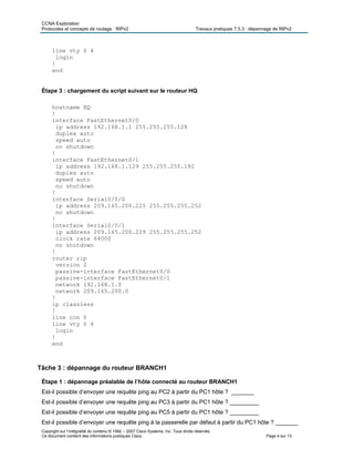 CCNA Exploration
Protocoles et concepts de routage : RIPv2 Travaux pratiques 7.5.3 : dépannage de RIPv2
Copyright sur l’intégralité du contenu © 1992 – 2007 Cisco Systems, Inc. Tous droits réservés.
Ce document contient des informations publiques Cisco. Page 4 sur 13
line vty 0 4
login
!
end
Étape 3 : chargement du script suivant sur le routeur HQ
hostname HQ
!
interface FastEthernet0/0
ip address 192.168.1.1 255.255.255.128
duplex auto
speed auto
no shutdown
!
interface FastEthernet0/1
ip address 192.168.1.129 255.255.255.192
duplex auto
speed auto
no shutdown
!
interface Serial0/0/0
ip address 209.165.200.225 255.255.255.252
no shutdown
!
interface Serial0/0/1
ip address 209.165.200.229 255.255.255.252
clock rate 64000
no shutdown
!
router rip
version 2
passive-interface FastEthernet0/0
passive-interface FastEthernet0/1
network 192.168.1.0
network 209.165.200.0
!
ip classless
!
line con 0
line vty 0 4
login
!
end
Tâche 3 : dépannage du routeur BRANCH1
Étape 1 : dépannage préalable de l’hôte connecté au routeur BRANCH1
Est-il possible d’envoyer une requête ping au PC2 à partir du PC1 hôte ? _______
Est-il possible d’envoyer une requête ping au PC3 à partir du PC1 hôte ? _________
Est-il possible d’envoyer une requête ping au PC5 à partir du PC1 hôte ? _________
Est-il possible d’envoyer une requête ping à la passerelle par défaut à partir du PC1 hôte ? _______
 
