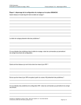 CCNA Exploration
Protocoles et concepts de routage : RIPv2 Travaux pratiques 7.5.3 : dépannage de RIPv2
Copyright sur l’intégralité du contenu © 1992 – 2007 Cisco Systems, Inc. Tous droits réservés.
Ce document contient des informations publiques Cisco. Page 8 sur 13
Étape 4 : dépannage de la configuration du routage sur le routeur BRANCH2
Quels réseaux et routes figurent dans la table de routage ?
___________________________________________________________________________________
___________________________________________________________________________________
___________________________________________________________________________________
___________________________________________________________________________________
___________________________________________________________________________________
___________________________________________________________________________________
___________________________________________________________________________________
La table de routage présente-t-elle des problèmes ?
___________________________________________________________________________________
____________________________________________________________________________________
____________________________________________________________________________________
Si vous décelez des problèmes dans la table de routage, notez les commandes qui permettront
de corriger les erreurs de configuration.
___________________________________________________________________________________
___________________________________________________________________________________
___________________________________________________________________________________
Quels sont les réseaux qui sont inclus dans les mises à jour RIP ?
___________________________________________________________________________________
___________________________________________________________________________________
___________________________________________________________________________________
Est-ce que les mises à jour RIP envoyées à partir du routeur HQ présentent des problèmes ?
___________________________________________________________________________________
____________________________________________________________________________________
Si vous décelez des problèmes de configuration RIP, notez les commandes qui permettront de corriger
ces erreurs.
____________________________________________________________________________________
____________________________________________________________________________________
____________________________________________________________________________________
 