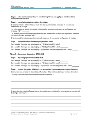 CCNA Exploration
Protocoles et concepts de routage : RIPv2 Travaux pratiques 7.5.3 : dépannage de RIPv2
Copyright sur l’intégralité du contenu © 1992 – 2007 Cisco Systems, Inc. Tous droits réservés.
Ce document contient des informations publiques Cisco. Page 9 sur 13
Étape 5 : si les commandes ci-dessus ont été enregistrées, les appliquer maintenant à la
configuration du routeur
Étape 6 : consultation des informations de routage
Si la configuration a été modifiée au cours des étapes précédentes, consultez de nouveau les
informations de routage.
Les informations de la table de routage indiquent-elles la présence d’erreurs de configuration sur
le routeur HQ ? _________
Les mises à jour RIP envoyées comportent-elles des informations qui indiquent la présence d’erreurs
de configuration sur le routeur HQ ? _________
Si la réponse à l’une de ces questions est oui, dépannez de nouveau la configuration du routage.
Étape 7 : nouvelle tentative de liaison ping entre les hôtes
Est-il possible d’envoyer une requête ping au PC1 à partir du PC3 hôte ? _______
Est-il possible d’envoyer une requête ping au PC5 à partir du PC3 hôte ? _________
Est-il possible d’envoyer une requête ping à la passerelle par défaut à partir du PC3 hôte ? _______
Tâche 5 : dépannage du routeur BRANCH2
Étape 1 : dépannage préalable de l’hôte PC5
Est-il possible d’envoyer une requête ping au PC6 à partir du PC5 hôte ? _________
Est-il possible d’envoyer une requête ping au PC1 à partir du PC5 hôte ? _________
Est-il possible d’envoyer une requête ping à la passerelle par défaut à partir du PC3 hôte ? ________
Étape 2 : examen du routeur BRANCH2 à la recherche d’éventuelles erreurs de configuration
Commencez par consulter le résumé des informations d’état relatives à chaque interface du routeur.
La configuration des interfaces présente-t-elle des problèmes ?
___________________________________________________________________________________
___________________________________________________________________________________
___________________________________________________________________________________
___________________________________________________________________________________
Si la configuration des interfaces présente des problèmes, enregistrez les commandes qui permettront
de corriger ces erreurs.
___________________________________________________________________________________
___________________________________________________________________________________
___________________________________________________________________________________
___________________________________________________________________________________
___________________________________________________________________________________
 