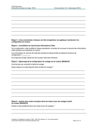CCNA Exploration
Protocoles et concepts de routage : RIPv2 Travaux pratiques 7.5.3 : dépannage de RIPv2
Copyright sur l’intégralité du contenu © 1992 – 2007 Cisco Systems, Inc. Tous droits réservés.
Ce document contient des informations publiques Cisco. Page 10 sur 13
___________________________________________________________________________________
___________________________________________________________________________________
___________________________________________________________________________________
___________________________________________________________________________________
___________________________________________________________________________________
___________________________________________________________________________________
Étape 3 : si les commandes ci-dessus ont été enregistrées, les appliquer maintenant à la
configuration du routeur
Étape 4 : consultation du résumé des informations d’état
Si la configuration a été modifiée à l’étape précédente, consultez de nouveau le résumé des informations
d'état relatives aux interfaces du routeur.
Les informations du résumé de l’état des interfaces indiquent-elles la présence d’erreurs de
configuration ? _________
Si la réponse est oui, dépannez de nouveau l’état des interfaces.
Étape 5 : dépannage de la configuration du routage sur le routeur BRANCH2
Commencez par consulter la table de routage.
Quels réseaux et routes figurent dans la table de routage ?
__________________________________________________________________________________
__________________________________________________________________________________
__________________________________________________________________________________
__________________________________________________________________________________
__________________________________________________________________________________
__________________________________________________________________________________
__________________________________________________________________________________
__________________________________________________________________________________
Étape 6 : examen des routes envoyées dans les mises à jour de routage à partir
du routeur BRANCH2
Existe-t-il des problèmes dans ces mises à jour de routage ?
__________________________________________________________________________________
____________________________________________________________________________________
 