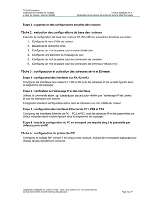 CCNA Exploration
Protocoles et concepts de routage : Travaux pratiques 8.4.1 :
la table de routage : examen détaillé localisation du processus de recherche dans la table de routage
Copyright sur l’intégralité du contenu © 1992 – 2007 Cisco Systems, Inc. Tous droits réservés.
Ce document contient des informations publiques Cisco. Page 3 sur 11
Étape 2 : suppression des configurations actuelles des routeurs
Tâche 2 : exécution des configurations de base des routeurs
Exécutez la configuration de base des routeurs R1, R2 et R3 en suivant les directives suivantes :
1. Configurez le nom d’hôte du routeur.
2. Désactivez la recherche DNS.
3. Configurez un mot de passe pour le mode d’exécution.
4. Configurez une bannière du message du jour.
5. Configurez un mot de passe pour les connexions de consoles.
6. Configurez un mot de passe pour les connexions de terminaux virtuels (vty).
Tâche 3 : configuration et activation des adresses série et Ethernet
Étape 1 : configuration des interfaces sur R1, R2 et R3
Configurez les interfaces des routeurs R1, R2 et R3 avec les adresses IP de la table figurant sous
le diagramme de topologie.
Étape 2 : vérification de l’adressage IP et des interfaces
Utilisez la commande show ip interface brief pour vérifier que l’adressage IP est correct
et que les interfaces sont actives.
Enregistrez ensuite la configuration active dans la mémoire vive non volatile du routeur.
Étape 3 : configuration des interfaces Ethernet de PC1, PC2 et PC3
Configurez les interfaces Ethernet de PC1, PC2 et PC3 avec les adresses IP et les passerelles par
défaut indiquées dans la table figurant sous le diagramme de topologie.
Étape 4 : test de la configuration du PC en envoyant une requête ping à la passerelle par
défaut à partir du PC
Tâche 4 : configuration du protocole RIP
Configurez le routage RIP version 1 sur chacun des routeurs. Incluez des instructions network pour
chaque réseau directement connecté.
 