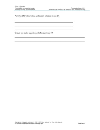 CCNA Exploration
Protocoles et concepts de routage : Travaux pratiques 8.4.1 :
la table de routage : examen détaillé localisation du processus de recherche dans la table de routage
Copyright sur l’intégralité du contenu © 1992 – 2007 Cisco Systems, Inc. Tous droits réservés.
Ce document contient des informations publiques Cisco. Page 7 sur 11
Parmi les différentes routes, quelles sont celles de niveau 2 ?
________________________________________________________________
________________________________________________________________
________________________________________________________________
En quoi ces routes appartiennent-elles au niveau 2 ?
_____________________________________________________________________________
_____________________________________________________________________________
 