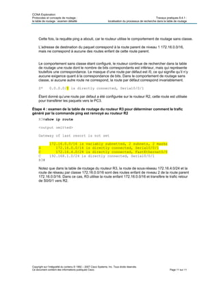CCNA Exploration
Protocoles et concepts de routage : Travaux pratiques 8.4.1 :
la table de routage : examen détaillé localisation du processus de recherche dans la table de routage
Copyright sur l’intégralité du contenu © 1992 – 2007 Cisco Systems, Inc. Tous droits réservés.
Ce document contient des informations publiques Cisco. Page 11 sur 11
Cette fois, la requête ping a abouti, car le routeur utilise le comportement de routage sans classe.
L’adresse de destination du paquet correspond à la route parent de niveau 1 172.16.0.0/16,
mais ne correspond à aucune des routes enfant de cette route parent.
Le comportement sans classe étant configuré, le routeur continue de rechercher dans la table
de routage une route dont le nombre de bits correspondants est inférieur, mais qui représente
toutefois une correspondance. Le masque d’une route par défaut est /0, ce qui signifie qu’il n’y
aucune exigence quant à la correspondance de bits. Dans le comportement de routage sans
classe, si aucune autre route ne correspond, la route par défaut correspond invariablement.
S* 0.0.0.0/0 is directly connected, Serial0/0/1
Étant donné qu’une route par défaut a été configurée sur le routeur R2, cette route est utilisée
pour transférer les paquets vers le PC3.
Étape 4 : examen de la table de routage du routeur R3 pour déterminer comment le trafic
généré par la commande ping est renvoyé au routeur R2
R3#show ip route
<output omitted>
Gateway of last resort is not set
172.16.0.0/16 is variably subnetted, 2 subnets, 2 masks
S 172.16.0.0/16 is directly connected, Serial0/0/1
C 172.16.4.0/24 is directly connected, FastEthernet0/0
C 192.168.1.0/24 is directly connected, Serial0/0/1
R3#
Notez que dans la table de routage du routeur R3, la route de sous-réseau 172.16.4.0/24 et la
route de réseau par classe 172.16.0.0/16 sont des routes enfant de niveau 2 de la route parent
172.16.0.0/16. Dans ce cas, R3 utilise la route enfant 172.16.0.0/16 et transfère le trafic retour
de S0/0/1 vers R2.
 