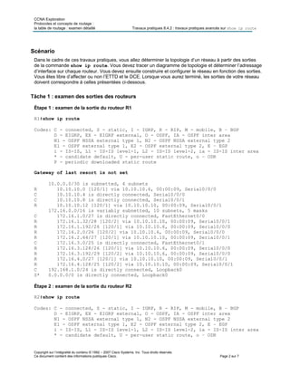 CCNA Exploration
Protocoles et concepts de routage :
la table de routage : examen détaillé Travaux pratiques 8.4.2 : travaux pratiques avancés sur show ip route
Copyright sur l’intégralité du contenu © 1992 – 2007 Cisco Systems, Inc. Tous droits réservés.
Ce document contient des informations publiques Cisco. Page 2 sur 7
Scénario
Dans le cadre de ces travaux pratiques, vous allez déterminer la topologie d’un réseau à partir des sorties
de la commande show ip route. Vous devez tracer un diagramme de topologie et déterminer l’adressage
d’interface sur chaque routeur. Vous devez ensuite construire et configurer le réseau en fonction des sorties.
Vous êtes libre d’affecter ou non l’ETTD et le DCE. Lorsque vous aurez terminé, les sorties de votre réseau
doivent correspondre à celles présentées ci-dessous.
Tâche 1 : examen des sorties des routeurs
Étape 1 : examen de la sortie du routeur R1
R1#show ip route
Codes: C - connected, S - static, I - IGRP, R - RIP, M - mobile, B – BGP
D - EIGRP, EX - EIGRP external, O - OSPF, IA - OSPF inter area
N1 - OSPF NSSA external type 1, N2 - OSPF NSSA external type 2
E1 - OSPF external type 1, E2 - OSPF external type 2, E – EGP
i - IS-IS, L1 - IS-IS level-1, L2 - IS-IS level-2, ia - IS-IS inter area
* - candidate default, U - per-user static route, o – ODR
P - periodic downloaded static route
Gateway of last resort is not set
10.0.0.0/30 is subnetted, 4 subnets
R 10.10.10.0 [120/1] via 10.10.10.6, 00:00:09, Serial0/0/0
C 10.10.10.4 is directly connected, Serial0/0/0
C 10.10.10.8 is directly connected, Serial0/0/1
R 10.10.10.12 [120/1] via 10.10.10.10, 00:00:09, Serial0/0/1
172.16.0.0/16 is variably subnetted, 10 subnets, 5 masks
C 172.16.1.0/27 is directly connected, FastEthernet0/0
R 172.16.1.32/28 [120/2] via 10.10.10.10, 00:00:09, Serial0/0/1
R 172.16.1.192/26 [120/1] via 10.10.10.6, 00:00:09, Serial0/0/0
R 172.16.2.0/26 [120/2] via 10.10.10.6, 00:00:09, Serial0/0/0
R 172.16.2.64/27 [120/1] via 10.10.10.10, 00:00:09, Serial0/0/1
C 172.16.3.0/25 is directly connected, FastEthernet0/1
R 172.16.3.128/26 [120/1] via 10.10.10.6, 00:00:09, Serial0/0/0
R 172.16.3.192/29 [120/2] via 10.10.10.6, 00:00:09, Serial0/0/0
R 172.16.4.0/27 [120/1] via 10.10.10.10, 00:00:09, Serial0/0/1
R 172.16.4.128/25 [120/2] via 10.10.10.10, 00:00:09, Serial0/0/1
C 192.168.1.0/24 is directly connected, Loopback0
S* 0.0.0.0/0 is directly connected, Loopback0
Étape 2 : examen de la sortie du routeur R2
R2#show ip route
Codes: C - connected, S - static, I - IGRP, R - RIP, M - mobile, B – BGP
D - EIGRP, EX - EIGRP external, O - OSPF, IA - OSPF inter area
N1 - OSPF NSSA external type 1, N2 - OSPF NSSA external type 2
E1 - OSPF external type 1, E2 - OSPF external type 2, E – EGP
i - IS-IS, L1 - IS-IS level-1, L2 - IS-IS level-2, ia - IS-IS inter area
* - candidate default, U - per-user static route, o – ODR
 