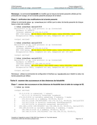 CCNA Exploration Travaux pratiques 9.6.1 :
Protocoles et concepts de routage : protocole EIGRP travaux pratiques de configuration EIGRP de base
Copyright sur l’intégralité du contenu © 1992–2007 Cisco Systems, Inc. Tous droits réservés.
Ce document contient des informations publiques Cisco. Page 8 sur 15
Remarque : la commande bandwidth ne modifie que la mesure de bande passante utilisée par les
protocoles de routage, et non la bande passante physique de la liaison.
Étape 3 : vérification des modifications de la bande passante
Utilisez la commande show ip interface pour vérifier que la valeur de bande passante de chaque
liaison a bien été modifiée.
R1#show interface serial0/0/0
Serial0/0/0 is up, line protocol is up (connected)
Hardware is HD64570
Internet address is 172.16.3.1/30
MTU 1500 bytes, BW 64 Kbit, DLY 20000 usec, rely 255/255, load 1/255
Encapsulation HDLC, loopback not set, keepalive set (10 sec)
<output omitted>
R2#show interface serial0/0/0
Serial0/0/0 is up, line protocol is up (connected)
Hardware is HD64570
Internet address is 172.16.3.2/30
MTU 1500 bytes, BW 64 Kbit, DLY 20000 usec, rely 255/255, load 1/255
Encapsulation HDLC, loopback not set, keepalive set (10 sec)
<output omitted>
R3#show interface serial0/0/1
Serial0/0/1 is up, line protocol is up (connected)
Hardware is HD64570
Internet address is 192.168.10.10/30
MTU 1500 bytes, BW 1024 Kbit, DLY 20000 usec, rely 255/255, load 1/255
Encapsulation HDLC, loopback not set, keepalive set (10 sec)
<output omitted>
Remarque : utilisez la commande de configuration d’interface no bandwidth pour rétablir la valeur de
bande passante par défaut.
Tâche 9 : examen des successeurs et des distances de faisabilité
Étape 1 : examen des successeurs et des distances de faisabilité dans la table de routage de R2
R2#show ip route
<output omitted>
10.0.0.0/30 is subnetted, 1 subnets
C 10.1.1.0 is directly connected, Loopback1
172.16.0.0/16 is variably subnetted, 4 subnets, 3 masks
D 172.16.0.0/16 is a summary, 00:00:52, Null0
D 172.16.1.0/24 [90/40514560] via 172.16.3.1, 00:00:52, Serial0/0/0
C 172.16.2.0/24 is directly connected, FastEthernet0/0
C 172.16.3.0/30 is directly connected, Serial0/0/0
D 192.168.1.0/24 [90/3014400] via 192.168.10.10, 00:00:11, Serial0/0/1
192.168.10.0/24 is variably subnetted, 3 subnets, 2 masks
D 192.168.10.0/24 is a summary, 00:00:11, Null0
D 192.168.10.4/30 [90/3523840] via 192.168.10.10, 00:00:11,
 