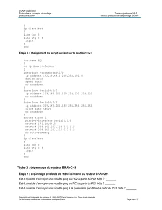 CCNA Exploration
Protocoles et concepts de routage : Travaux pratiques 9.6.3 :
protocole EIGRP travaux pratiques de dépannage EIGRP
Copyright sur l’intégralité du contenu © 1992–2007 Cisco Systems, Inc. Tous droits réservés.
Ce document contient des informations publiques Cisco. Page 4 sur 12
!
ip classless
!
line con 0
line vty 0 4
login
!
end
Étape 3 : chargement du script suivant sur le routeur HQ :
hostname HQ
!
no ip domain-lookup
!
interface FastEthernet0/0
ip address 172.18.64.1 255.255.192.0
duplex auto
speed auto
no shutdown
!
interface Serial0/0/0
ip address 209.165.202.129 255.255.255.252
no shutdown
!
interface Serial0/0/1
ip address 209.165.202.133 255.255.255.252
clock rate 64000
no shutdown
!
router eigrp 1
passive-interface Serial0/0/0
network 172.18.64.0
network 209.165.202.128 0.0.0.3
network 209.165.202.132 0.0.0.3
no auto-summary
!
ip classless
!
line con 0
line vty 0 4
login
!
end
Tâche 3 : dépannage du routeur BRANCH1
Étape 1 : dépannage préalable de l’hôte connecté au routeur BRANCH1
Est-il possible d’envoyer une requête ping au PC2 à partir du PC1 hôte ? _______
Est-il possible d’envoyer une requête ping au PC3 à partir du PC1 hôte ? _______
Est-il possible d’envoyer une requête ping à la passerelle par défaut à partir du PC1 hôte ? _______
 