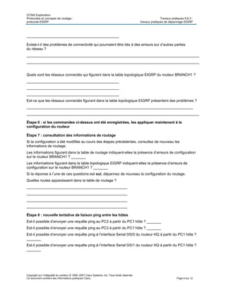 CCNA Exploration
Protocoles et concepts de routage : Travaux pratiques 9.6.3 :
protocole EIGRP travaux pratiques de dépannage EIGRP
Copyright sur l’intégralité du contenu © 1992–2007 Cisco Systems, Inc. Tous droits réservés.
Ce document contient des informations publiques Cisco. Page 6 sur 12
_____________________________________________
Existe-t-il des problèmes de connectivité qui pourraient être liés à des erreurs sur d’autres parties
du réseau ?
____________________________________________________________________________________
____________________________________________________________________________________
Quels sont les réseaux connectés qui figurent dans la table topologique EIGRP du routeur BRANCH1 ?
_____________________________________________
_____________________________________________
_____________________________________________
Est-ce que les réseaux connectés figurant dans la table topologique EIGRP présentent des problèmes ?
_________________________________________________________________________________
____________________________________________________________________________________
Étape 6 : si les commandes ci-dessus ont été enregistrées, les appliquer maintenant à la
configuration du routeur
Étape 7 : consultation des informations de routage
Si la configuration a été modifiée au cours des étapes précédentes, consultez de nouveau les
informations de routage.
Les informations figurant dans la table de routage indiquent-elles la présence d’erreurs de configuration
sur le routeur BRANCH1 ? _______
Les informations figurant dans la table topologique EIGRP indiquent-elles la présence d’erreurs de
configuration sur le routeur BRANCH1 ? _______
Si la réponse à l’une de ces questions est oui, dépannez de nouveau la configuration du routage.
Quelles routes apparaissent dans la table de routage ?
_________________________________________________
_________________________________________________
_________________________________________________
_________________________________________________
Étape 8 : nouvelle tentative de liaison ping entre les hôtes
Est-il possible d’envoyer une requête ping au PC2 à partir du PC1 hôte ? _______
Est-il possible d’envoyer une requête ping au PC3 à partir du PC1 hôte ? _______
Est-il possible d’envoyer une requête ping à l’interface Serial 0/0/0 du routeur HQ à partir du PC1 hôte ?
_______
Est-il possible d’envoyer une requête ping à l’interface Serial 0/0/1 du routeur HQ à partir du PC1 hôte ?
_______
 
