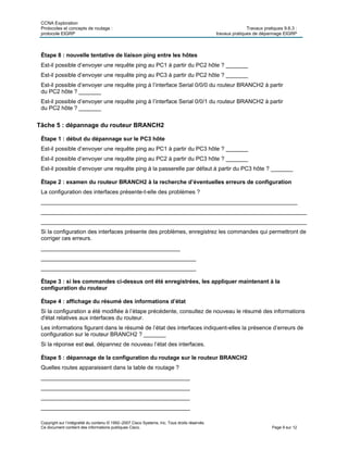 CCNA Exploration
Protocoles et concepts de routage : Travaux pratiques 9.6.3 :
protocole EIGRP travaux pratiques de dépannage EIGRP
Copyright sur l’intégralité du contenu © 1992–2007 Cisco Systems, Inc. Tous droits réservés.
Ce document contient des informations publiques Cisco. Page 9 sur 12
Étape 8 : nouvelle tentative de liaison ping entre les hôtes
Est-il possible d’envoyer une requête ping au PC1 à partir du PC2 hôte ? _______
Est-il possible d’envoyer une requête ping au PC3 à partir du PC2 hôte ? _______
Est-il possible d’envoyer une requête ping à l’interface Serial 0/0/0 du routeur BRANCH2 à partir
du PC2 hôte ? _______
Est-il possible d’envoyer une requête ping à l’interface Serial 0/0/1 du routeur BRANCH2 à partir
du PC2 hôte ? _______
Tâche 5 : dépannage du routeur BRANCH2
Étape 1 : début du dépannage sur le PC3 hôte
Est-il possible d’envoyer une requête ping au PC1 à partir du PC3 hôte ? _______
Est-il possible d’envoyer une requête ping au PC2 à partir du PC3 hôte ? _______
Est-il possible d’envoyer une requête ping à la passerelle par défaut à partir du PC3 hôte ? _______
Étape 2 : examen du routeur BRANCH2 à la recherche d’éventuelles erreurs de configuration
La configuration des interfaces présente-t-elle des problèmes ?
_________________________________________________________________________________
____________________________________________________________________________________
____________________________________________________________________________________
Si la configuration des interfaces présente des problèmes, enregistrez les commandes qui permettront de
corriger ces erreurs.
____________________________________________
_________________________________________________
_________________________________________________
Étape 3 : si les commandes ci-dessus ont été enregistrées, les appliquer maintenant à la
configuration du routeur
Étape 4 : affichage du résumé des informations d’état
Si la configuration a été modifiée à l’étape précédente, consultez de nouveau le résumé des informations
d'état relatives aux interfaces du routeur.
Les informations figurant dans le résumé de l’état des interfaces indiquent-elles la présence d’erreurs de
configuration sur le routeur BRANCH2 ? _______
Si la réponse est oui, dépannez de nouveau l’état des interfaces.
Étape 5 : dépannage de la configuration du routage sur le routeur BRANCH2
Quelles routes apparaissent dans la table de routage ?
________________________________________________
________________________________________________
________________________________________________
________________________________________________
 