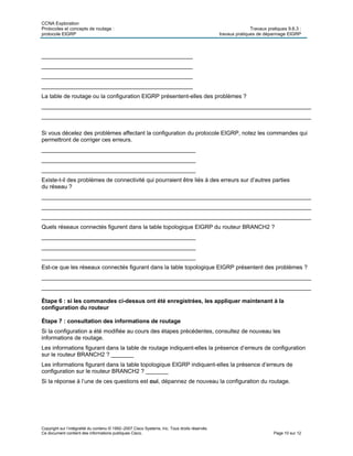 CCNA Exploration
Protocoles et concepts de routage : Travaux pratiques 9.6.3 :
protocole EIGRP travaux pratiques de dépannage EIGRP
Copyright sur l’intégralité du contenu © 1992–2007 Cisco Systems, Inc. Tous droits réservés.
Ce document contient des informations publiques Cisco. Page 10 sur 12
________________________________________________
________________________________________________
________________________________________________
________________________________________________
La table de routage ou la configuration EIGRP présentent-elles des problèmes ?
____________________________________________________________________________________
____________________________________________________________________________________
Si vous décelez des problèmes affectant la configuration du protocole EIGRP, notez les commandes qui
permettront de corriger ces erreurs.
________________________________________________
________________________________________________
________________________________________________
Existe-t-il des problèmes de connectivité qui pourraient être liés à des erreurs sur d’autres parties
du réseau ?
____________________________________________________________________________________
____________________________________________________________________________________
____________________________________________________________________________________
Quels réseaux connectés figurent dans la table topologique EIGRP du routeur BRANCH2 ?
________________________________________________
________________________________________________
________________________________________________
Est-ce que les réseaux connectés figurant dans la table topologique EIGRP présentent des problèmes ?
____________________________________________________________________________________
____________________________________________________________________________________
Étape 6 : si les commandes ci-dessus ont été enregistrées, les appliquer maintenant à la
configuration du routeur
Étape 7 : consultation des informations de routage
Si la configuration a été modifiée au cours des étapes précédentes, consultez de nouveau les
informations de routage.
Les informations figurant dans la table de routage indiquent-elles la présence d’erreurs de configuration
sur le routeur BRANCH2 ? _______
Les informations figurant dans la table topologique EIGRP indiquent-elles la présence d’erreurs de
configuration sur le routeur BRANCH2 ? _______
Si la réponse à l’une de ces questions est oui, dépannez de nouveau la configuration du routage.
 