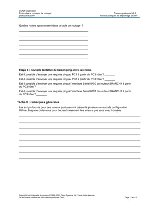 CCNA Exploration
Protocoles et concepts de routage : Travaux pratiques 9.6.3 :
protocole EIGRP travaux pratiques de dépannage EIGRP
Copyright sur l’intégralité du contenu © 1992–2007 Cisco Systems, Inc. Tous droits réservés.
Ce document contient des informations publiques Cisco. Page 11 sur 12
Quelles routes apparaissent dans la table de routage ?
________________________________________________
________________________________________________
________________________________________________
________________________________________________
________________________________________________
________________________________________________
________________________________________________
________________________________________________
Étape 8 : nouvelle tentative de liaison ping entre les hôtes
Est-il possible d’envoyer une requête ping au PC1 à partir du PC3 hôte ? _______
Est-il possible d’envoyer une requête ping au PC2 à partir du PC3 hôte ? _______
Est-il possible d’envoyer une requête ping à l’interface Serial 0/0/0 du routeur BRANCH1 à partir
du PC3 hôte ? _______
Est-il possible d’envoyer une requête ping à l’interface Serial 0/0/1 du routeur BRANCH1 à partir
du PC3 hôte ? _______
Tâche 6 : remarques générales
Les scripts fournis pour ces travaux pratiques ont présenté plusieurs erreurs de configuration.
Utilisez l’espace ci-dessous pour décrire brièvement les erreurs que vous avez trouvées.
___________________________________________________________________________________
___________________________________________________________________________________
___________________________________________________________________________________
___________________________________________________________________________________
___________________________________________________________________________________
___________________________________________________________________________________
___________________________________________________________________________________
___________________________________________________________________________________
 