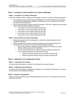 CCNA Exploration
Protocoles et concepts de routage : protocole EIGRP 9.7.1 : exercice d’intégration des compétences Packet Tracer
Tâche 1 : conception et documentation d’un schéma d’adressage
Étape 1 : conception d’un schéma d’adressage
D’après les conditions réseau indiquées dans la topologie, concevez un schéma d’adressage approprié.
• Pour les réseaux locaux, utilisez l’espace d’adressage 10.1.32.0/22. Affectez les sous-réseaux
par ordre dans l’ensemble de la topologie en commençant par les sous-réseaux de B1 ayant
les besoins les plus importants.
• Pour les réseaux étendus, utilisez l’espace d’adressage 172.20.0.0/27. Affectez les sous-réseaux
locaux en fonction des spécifications suivantes :
Sous-réseau 0 pour la liaison WAN entre HQ et B1
Sous-réseau 1 pour la liaison WAN entre HQ et B2
Sous-réseau 2 pour la liaison WAN entre HQ et B3
Sous-réseau 3 pour la liaison WAN entre B1 et B2
Sous-réseau 4 pour la liaison WAN entre B2 et B3
Étape 2 : documentation du schéma d’adressage
• Utilisez les espaces libres de la topologie pour indiquer les adresses réseau au format
points/barres obliques.
• Utilisez le tableau fourni dans les instructions papier pour documenter les adresses IP,
les masques de sous-réseau et les adresses des passerelles par défaut.
Pour les réseaux locaux, affectez la première adresse IP à l’interface du routeur.
Affectez la dernière adresse IP à l’ordinateur.
Pour les liaisons WAN vers HQ, affectez la première adresse au routeur HQ.
Pour les liaisons WAN entre les routeurs des branches :
• Affectez la première adresse à B1 pour la liaison entre B1 et B2.
• Affectez la première adresse à B2 pour la liaison entre B2 et B3.
Tâche 2 : application d’une configuration de base
Étape 1 : configuration des routeurs
À l’aide de votre documentation, procédez à la configuration de base des routeurs.
Étape 2 : configuration des ordinateurs
À l’aide de votre documentation, configurez les ordinateurs en leur affectant une adresse IP, un masque
de sous-réseau et une passerelle par défaut.
Tâche 3 : test de la connectivité
Avant de continuer, assurez-vous que chaque périphérique peut envoyer une requête ping à son voisin
directement connecté.
Copyright sur l'intégralité du contenu © 1992–2007 Cisco Systems, Inc. Tous droits réservés.
Ce document contient des informations publiques Cisco. Page 3 sur 4
 