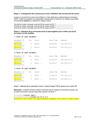 CCNA Exploration
Protocoles et concepts de routage : Protocole OSPF Travaux pratiques 11.6.1 : configuration OSPF de base
Étape 3 : rechargement des routeurs pour forcer l’utilisation des nouveaux ID de routeur
Lorsqu’un nouvel ID de routeur est configuré, il n’est utilisé qu’au redémarrage du processus
OSPF. Veillez à enregistrer la configuration actuelle dans la mémoire non volatile, puis utilisez
la commande reload pour redémarrer chaque routeur.
Une fois le routeur rechargé, quel est l’ID de routeur de R1 ? ____________________
Une fois le routeur rechargé, quel est l’ID de routeur de R2 ? ____________________
Une fois le routeur rechargé, quel est l’ID de routeur de R3 ? ____________________
Étape 4 : utilisation de la commande show ip ospf neighbors pour vérifier que les ID
de routeur ont été modifiés
R1#show ip ospf neighbor
Neighbor ID Pri State Dead Time Address
Interface
10.3.3.3 0 FULL/- 00:00:30 192.168.10.6
Serial0/0/1
10.2.2.2 0 FULL/- 00:00:33 192.168.10.2
Serial0/0/0
R2#show ip ospf neighbor
Neighbor ID Pri State Dead Time Address
Interface
10.3.3.3 0 FULL/ - 00:00:36 192.168.10.10
Serial0/0/1
10.1.1.1 0 FULL/ - 00:00:37 192.168.10.1
Serial0/0/0
R3#show ip ospf neighbor
Neighbor ID Pri State Dead Time Address
Interface
10.2.2.2 0 FULL/ - 00:00:34 192.168.10.9
Serial0/0/1
10.1.1.1 0 FULL/ - 00:00:38 192.168.10.5
Serial0/0/0
Étape 5 : utilisation de la commande router-id pour changer l’ID de routeur sur le routeur R1
Remarque : certaines versions d’IOS ne prennent pas en charge la commande router-id.
Si cette commande n’est pas disponible, passez à la tâche 7.
R1(config)#router ospf 1
R1(config-router)#router-id 10.4.4.4
Reload or use “clear ip ospf process” command, for this to take effect
Copyright sur l’intégralité du contenu © 1992 – 2007 Cisco Systems, Inc. Tous droits réservés.
Ce document contient des informations publiques Cisco. Page 7 sur 24
 
