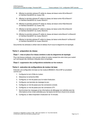CCNA Exploration
Protocoles et concepts de routage : Protocole OSPF Travaux pratiques 11.6.2 : configuration OSPF avancée
8. Affectez la première adresse IP valide du réseau de liaison entre HQ et Branch1
à l’interface Serial0/0/0 du routeur HQ.
9. Affectez la dernière adresse IP valide du réseau de liaison entre HQ et Branch1
à l’interface Serial0/0/0 du routeur Branch1.
10. Affectez la première adresse IP valide du réseau de liaison entre HQet Branch2
à l’interface Serial0/0/1 du routeur HQ.
11. Affectez la dernière adresse IP valide du réseau de liaison entre HQ et Branch2
à l’interface Serial0/0/1 du routeur Branch2.
12. Affectez la première adresse IP valide du réseau de liaison entre Branch1 et Branch2
à l’interface Serial0/0/1 du routeur Branch1.
13. Affectez la dernière adresse IP valide du réseau de liaison entre Branch1 et Branch2
à l’interface Serial0/0/0 du routeur Branch2.
Documentez les adresses à utiliser dans le tableau fourni sous le diagramme de topologie.
Tâche 3 : préparation du réseau
Étape 1 : mise en place d'un réseau similaire à celui du diagramme de topologie
Pour ces travaux pratiques, vous pouvez utiliser le routeur existant de votre choix pour autant
qu'il soit équipé des interfaces indiquées dans la topologie.
Étape 2 : suppression des configurations existantes sur les routeurs
Tâche 4 : exécution de configurations de routeur de base
Exécutez une configuration de base sur les routeurs BRANCH, HQ et ISP en procédant
comme suit :
1. Configurez le nom d’hôte du routeur.
2. Désactivez la recherche DNS.
3. Configurez un mot de passe pour le mode d’exécution.
4. Configurez une bannière de message du jour.
5. Configurez un mot de passe pour les connexions console.
6. Configurez un mot de passe pour les connexions VTY.
7. Synchronisez les messages et les informations de débogage non sollicités avec les
informations et les invites sollicitées pour les lignes de terminal virtuel et de console.
8. Configurez un délai d’expiration d’exécution de 15 minutes.
Copyright sur l’intégralité du contenu © 1992 – 2007 Cisco Systems, Inc. Tous droits réservés.
Ce document contient des informations publiques Cisco. Page 4 sur 10
 
