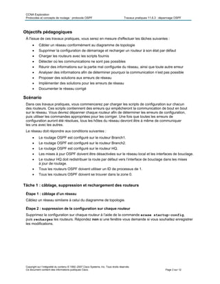 CCNA Exploration
Protocoles et concepts de routage : protocole OSPF Travaux pratiques 11.6.3 : dépannage OSPF
Copyright sur l’intégralité du contenu © 1992–2007 Cisco Systems, Inc. Tous droits réservés.
Ce document contient des informations publiques Cisco. Page 2 sur 12
Objectifs pédagogiques
À l'issue de ces travaux pratiques, vous serez en mesure d'effectuer les tâches suivantes :
 Câbler un réseau conformément au diagramme de topologie
 Supprimer la configuration de démarrage et recharger un routeur à son état par défaut
 Charger les routeurs avec les scripts fournis
 Détecter où les communications ne sont pas possibles
 Réunir des informations sur la partie mal configurée du réseau, ainsi que toute autre erreur
 Analyser des informations afin de déterminer pourquoi la communication n’est pas possible
 Proposer des solutions aux erreurs de réseau
 Implémenter des solutions pour les erreurs de réseau
 Documenter le réseau corrigé
Scénario
Dans ces travaux pratiques, vous commencerez par charger les scripts de configuration sur chacun
des routeurs. Ces scripts contiennent des erreurs qui empêcheront la communication de bout en bout
sur le réseau. Vous devrez dépanner chaque routeur afin de déterminer les erreurs de configuration,
puis utiliser les commandes appropriées pour les corriger. Une fois que toutes les erreurs de
configuration auront été résolues, tous les hôtes du réseau devront être à même de communiquer
les uns avec les autres.
Le réseau doit répondre aux conditions suivantes :
 Le routage OSPF est configuré sur le routeur Branch1.
 Le routage OSPF est configuré sur le routeur Branch2.
 Le routage OSPF est configuré sur le routeur HQ.
 Les mises à jour OSPF doivent être désactivées sur le réseau local et les interfaces de bouclage.
 Le routeur HQ doit redistribuer la route par défaut vers l’interface de bouclage dans les mises
à jour de routage.
 Tous les routeurs OSPF doivent utiliser un ID de processus de 1.
 Tous les routeurs OSPF doivent se trouver dans la zone 0.
Tâche 1 : câblage, suppression et rechargement des routeurs
Étape 1 : câblage d’un réseau
Câblez un réseau similaire à celui du diagramme de topologie.
Étape 2 : suppression de la configuration sur chaque routeur
Supprimez la configuration sur chaque routeur à l’aide de la commande erase startup-config,
puis rechargez les routeurs. Répondez non si une fenêtre vous demande si vous souhaitez enregistrer
les modifications.
 