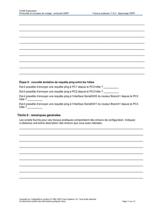 CCNA Exploration
Protocoles et concepts de routage : protocole OSPF Travaux pratiques 11.6.3 : dépannage OSPF
Copyright sur l’intégralité du contenu © 1992–2007 Cisco Systems, Inc. Tous droits réservés.
Ce document contient des informations publiques Cisco. Page 11 sur 12
____________________________________________________________________________________
____________________________________________________________________________________
____________________________________________________________________________________
____________________________________________________________________________________
____________________________________________________________________________________
____________________________________________________________________________________
____________________________________________________________________________________
____________________________________________________________________________________
____________________________________________________________________________________
Étape 8 : nouvelle tentative de requête ping entre les hôtes
Est-il possible d’envoyer une requête ping à PC1 depuis le PC3 hôte ? __________
Est-il possible d’envoyer une requête ping à PC2 depuis le PC3 hôte ? __________
Est-il possible d’envoyer une requête ping à l’interface Serial0/0/0 du routeur Branch1 depuis le PC3
hôte ? __________
Est-il possible d’envoyer une requête ping à l’interface Serial0/0/1 du routeur Branch1 depuis le PC3
hôte ? __________
Tâche 6 : remarques générales
Les scripts fournis pour ces travaux pratiques comportaient des erreurs de configuration. Indiquez
ci-dessous une brève description des erreurs que vous avez relevées.
___________________________________________________________________________________
___________________________________________________________________________________
___________________________________________________________________________________
___________________________________________________________________________________
___________________________________________________________________________________
___________________________________________________________________________________
___________________________________________________________________________________
___________________________________________________________________________________
___________________________________________________________________________________
 
