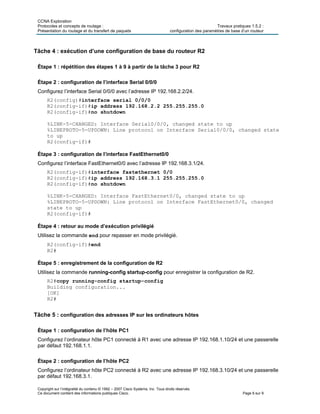 CCNA Exploration
Protocoles et concepts de routage : Travaux pratiques 1.5.2 :
Présentation du routage et du transfert de paquets configuration des paramètres de base d’un routeur
Copyright sur l’intégralité du contenu © 1992 – 2007 Cisco Systems, Inc. Tous droits réservés.
Ce document contient des informations publiques Cisco. Page 6 sur 9
Tâche 4 : exécution d’une configuration de base du routeur R2
Étape 1 : répétition des étapes 1 à 9 à partir de la tâche 3 pour R2
Étape 2 : configuration de l’interface Serial 0/0/0
Configurez l’interface Serial 0/0/0 avec l’adresse IP 192.168.2.2/24.
R2(config)#interface serial 0/0/0
R2(config-if)#ip address 192.168.2.2 255.255.255.0
R2(config-if)#no shutdown
%LINK-5-CHANGED: Interface Serial0/0/0, changed state to up
%LINEPROTO-5-UPDOWN: Line protocol on Interface Serial0/0/0, changed state
to up
R2(config-if)#
Étape 3 : configuration de l’interface FastEthernet0/0
Configurez l’interface FastEthernet0/0 avec l’adresse IP 192.168.3.1/24.
R2(config-if)#interface fastethernet 0/0
R2(config-if)#ip address 192.168.3.1 255.255.255.0
R2(config-if)#no shutdown
%LINK-5-CHANGED: Interface FastEthernet0/0, changed state to up
%LINEPROTO-5-UPDOWN: Line protocol on Interface FastEthernet0/0, changed
state to up
R2(config-if)#
Étape 4 : retour au mode d’exécution privilégié
Utilisez la commande end pour repasser en mode privilégié.
R2(config-if)#end
R2#
Étape 5 : enregistrement de la configuration de R2
Utilisez la commande running-config startup-config pour enregistrer la configuration de R2.
R2#copy running-config startup-config
Building configuration...
[OK]
R2#
Tâche 5 : configuration des adresses IP sur les ordinateurs hôtes
Étape 1 : configuration de l’hôte PC1
Configurez l’ordinateur hôte PC1 connecté à R1 avec une adresse IP 192.168.1.10/24 et une passerelle
par défaut 192.168.1.1.
Étape 2 : configuration de l’hôte PC2
Configurez l’ordinateur hôte PC2 connecté à R2 avec une adresse IP 192.168.3.10/24 et une passerelle
par défaut 192.168.3.1.
 