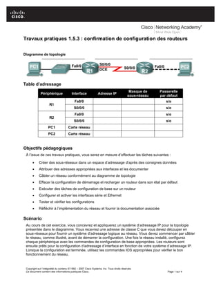 Copyright sur l’intégralité du contenu © 1992 – 2007 Cisco Systems, Inc. Tous droits réservés.
Ce document contient des informations publiques Cisco. Page 1 sur 4
Travaux pratiques 1.5.3 : confirmation de configuration des routeurs
Diagramme de topologie
Table d’adressage
Périphérique Interface Adresse IP
Masque de
sous-réseau
Passerelle
par défaut
R1
Fa0/0 s/o
S0/0/0 s/o
R2
Fa0/0 s/o
S0/0/0 s/o
PC1 Carte réseau
PC2 Carte réseau
Objectifs pédagogiques
À l’issue de ces travaux pratiques, vous serez en mesure d’effectuer les tâches suivantes :
 Créer des sous-réseaux dans un espace d’adressage d’après des consignes données
 Attribuer des adresses appropriées aux interfaces et les documenter
 Câbler un réseau conformément au diagramme de topologie
 Effacer la configuration de démarrage et recharger un routeur dans son état par défaut
 Exécuter des tâches de configuration de base sur un routeur
 Configurer et activer les interfaces série et Ethernet
 Tester et vérifier les configurations
 Réfléchir à l’implémentation du réseau et fournir la documentation associée
Scénario
Au cours de cet exercice, vous concevrez et appliquerez un système d’adressage IP pour la topologie
présentée dans le diagramme. Vous recevrez une adresse de classe C que vous devez découper en
sous-réseaux pour fournir un système d’adressage logique au réseau. Vous devez commencer par câbler
le réseau, comme illustré, avant de démarrer la configuration. Une fois le réseau installé, configurez
chaque périphérique avec les commandes de configuration de base appropriées. Les routeurs sont
ensuite prêts pour la configuration d’adressage d’interface en fonction de votre système d’adressage IP.
Lorsque la configuration est terminée, utilisez les commandes IOS appropriées pour vérifier le bon
fonctionnement du réseau.
 