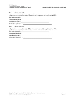 CCNA Exploration
Protocoles et concepts de routage :
Présentation du routage et du transfert de paquets Exercice d’intégration des compétences Packet Tracer
Copyright sur l'intégralité du contenu © 1992–2007 Cisco Systems, Inc. Tous droits réservés.
Ce document contient des informations publiques Cisco. Page 4 sur 4
Étape 4 : adresses sur HQ
Indiquez les adresses utilisées par HQ pour envoyer le paquet de requêtes ping à B2 :
Source de couche 3 : _________________________________________
Destination de couche 3 : _________________________________________
Source de couche 2 : _________________________________________
Destination de couche 2 : _________________________________________
Étape 5 : adresses sur B2
Indiquez les adresses utilisées par B2 pour envoyer le paquet de requêtes ping à PC3 :
Source de couche 3 : _________________________________________
Destination de couche 3 : _________________________________________
Source de couche 2 : _________________________________________
Destination de couche 2 : _________________________________________
 
