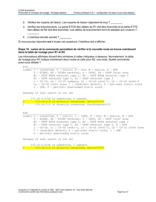 CCNA Exploration
Protocoles et concepts de routage : Routage statique Travaux pratiques 2.8.1 : configuration de base d’une route statique
Copyright sur l’intégralité du contenu © 1992 – 2007 Cisco Systems, Inc. Tous droits réservés.
Ce document contient des informations publiques Cisco. Page 8 sur 21
2. Vérifiez les voyants de liaison. Les voyants de liaison clignotent-ils tous ? ________
3. Vérifiez les branchements. La partie ETCD des câbles de R1 doit être branchée et la partie ETTD
des câbles de R2 doit être branchée. Les câbles de branchement sont-ils adaptés aux routeurs ?
________
4. L’interface est-elle activée ? ________
Si vous pouvez répondre oui à toutes ces questions, l’interface doit s’afficher.
Étape 10 : saisie de la commande permettant de vérifier si la nouvelle route se trouve maintenant
dans la table de routage pour R1 et R2
Les informations affichées doivent être similaires à celles indiquées ci-dessous. Normalement, la table
de routage pour R1 indique maintenant deux routes et celle pour R2, une route. Quelle commande
avez-vous utilisée ?
R1#_________________________________
Codes: C - connected, S - static, R - RIP, M - mobile, B - BGP
D - EIGRP, EX - EIGRP external, O - OSPF, IA - OSPF inter area
N1 - OSPF NSSA external type 1, N2 - OSPF NSSA external type 2
E1 - OSPF external type 1, E2 - OSPF external type 2
i - IS-IS, su - IS-IS summary, L1 - IS-IS level-1, L2 - IS-IS level-2
ia - IS-IS inter area, * - candidate default, U - per-user static route
o - ODR, P - periodic downloaded static route
Gateway of last resort is not set
172.16.0.0/24 is subnetted, 2 subnets
C 172.16.2.0 is directly connected, Serial0/0/0
C 172.16.3.0 is directly connected, FastEthernet0/0
R2#_________________________________
Codes: C - connected, S - static, I - IGRP, R - RIP, M - mobile, B - BGP
D - EIGRP, EX - EIGRP external, O - OSPF, IA - OSPF inter area
N1 - OSPF NSSA external type 1, N2 - OSPF NSSA external type 2
E1 - OSPF external type 1, E2 - OSPF external type 2, E - EGP
i - IS-IS, L1 - IS-IS level-1, L2 - IS-IS level-2, ia - IS-IS inter area
* - candidate default, U - per-user static route, o - ODR
P - periodic downloaded static route
Gateway of last resort is not set
172.16.0.0/24 is subnetted, 1 subnets
C 172.16.2.0 is directly connected, Serial0/0/0
 