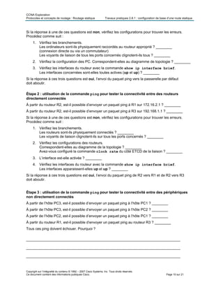 CCNA Exploration
Protocoles et concepts de routage : Routage statique Travaux pratiques 2.8.1 : configuration de base d’une route statique
Copyright sur l’intégralité du contenu © 1992 – 2007 Cisco Systems, Inc. Tous droits réservés.
Ce document contient des informations publiques Cisco. Page 10 sur 21
Si la réponse à une de ces questions est non, vérifiez les configurations pour trouver les erreurs.
Procédez comme suit :
1. Vérifiez les branchements.
Les ordinateurs sont-ils physiquement raccordés au routeur approprié ? ________
(connexion directe ou via un commutateur)
Les voyants de liaison de tous les ports concernés clignotent-ils tous ? ________
2. Vérifiez la configuration des PC. Correspondent-elles au diagramme de topologie ? ________
3. Vérifiez les interfaces du routeur avec la commande show ip interface brief.
Les interfaces concernées sont-elles toutes actives (up et up) ? ________
Si la réponse à ces trois questions est oui, l’envoi du paquet ping vers la passerelle par défaut
doit aboutir.
Étape 2 : utilisation de la commande ping pour tester la connectivité entre des routeurs
directement connectés
À partir du routeur R2, est-il possible d’envoyer un paquet ping à R1 sur 172.16.2.1 ? ________
À partir du routeur R2, est-il possible d’envoyer un paquet ping à R3 sur 192.168.1.1 ? ________
Si la réponse à une de ces questions est non, vérifiez les configurations pour trouver les erreurs.
Procédez comme suit :
1. Vérifiez les branchements.
Les routeurs sont-ils physiquement connectés ? ________
Les voyants de liaison clignotent-ils sur tous les ports concernés ? ________
2. Vérifiez les configurations des routeurs.
Correspondent-elles au diagramme de la topologie ? ________
Avez-vous configuré la commande clock rate du côté ETCD de la liaison ? ________
3. L’interface est-elle activée ? ________
4. Vérifiez les interfaces du routeur avec la commande show ip interface brief.
Les interfaces apparaissent-elles up et up ? ________
Si la réponse à ces trois questions est oui, l’envoi du paquet ping de R2 vers R1 et de R2 vers R3
doit aboutir.
Étape 3 : utilisation de la commande ping pour tester la connectivité entre des périphériques
non directement connectés
À partir de l’hôte PC3, est-il possible d’envoyer un paquet ping à l’hôte PC1 ? ________
À partir de l’hôte PC3, est-il possible d’envoyer un paquet ping à l’hôte PC2 ? ________
À partir de l’hôte PC2, est-il possible d’envoyer un paquet ping à l’hôte PC1 ? ________
À partir du routeur R1, est-il possible d’envoyer un paquet ping au routeur R3 ? ________
Tous ces ping doivent échouer. Pourquoi ?
____________________________________________________________________________
____________________________________________________________________________
____________________________________________________________________________
 
