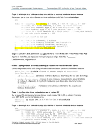 CCNA Exploration
Protocoles et concepts de routage : Routage statique Travaux pratiques 2.8.1 : configuration de base d’une route statique
Copyright sur l’intégralité du contenu © 1992 – 2007 Cisco Systems, Inc. Tous droits réservés.
Ce document contient des informations publiques Cisco. Page 14 sur 21
Étape 5 : affichage de la table de routage pour vérifier la nouvelle entrée de la route statique
Remarquez que la route est codée avec un S, ce qui indique qu’il s’agit d’une route statique.
R2#_________________________________
Codes: C - connected, S - static, I - IGRP, R - RIP, M - mobile, B - BGP
D - EIGRP, EX - EIGRP external, O - OSPF, IA - OSPF inter area
N1 - OSPF NSSA external type 1, N2 - OSPF NSSA external type 2
E1 - OSPF external type 1, E2 - OSPF external type 2, E - EGP
i - IS-IS, L1 - IS-IS level-1, L2 - IS-IS level-2, * - candidate default
U - per-user static route, o - ODR
Gateway of last resort is not set
172.16.0.0/24 is subnetted, 2 subnets
C 172.16.1.0 is directly connected, FastEthernet0/0
C 172.16.2.0 is directly connected, Serial0/0/0
C 192.168.1.0/24 is directly connected, Serial0/0/1
S 192.168.2.0/24 [1/0] via 192.168.1.1
R2#
Étape 6 : utilisation de la commande ping pour tester la connectivité entre l’hôte PC3 et l’hôte PC2
À partir de l’hôte PC3, est-il possible d’envoyer un paquet ping à l’hôte PC2 ? ________
Cette commande ping doit réussir.
Tâche 9 : configuration d’une route statique en utilisant une interface de sortie
Utilisez la syntaxe suivante pour configurer des routes statiques en spécifiant une interface de sortie :
Router(config)# ip route adresse du réseau masque du sous-réseau
interface de sortie
• adresse du réseau – adresse de destination du réseau distant à ajouter à la table de routage.
• masque du sous-réseau – masque du sous-réseau du réseau distant à ajouter à la table
de routage. Il est possible de modifier le masque de sous-réseau pour résumer un groupe
de réseaux.
• interface de sortie – interface de sortie utilisée pour transférer des paquets vers
le réseau de destination.
Étape 1 : configuration d’une route statique sur le routeur R3
Sur le routeur R3, configurez une route statique vers le réseau 172.16.2.0 en utilisant l’interface
série 0/0/0 de R3 comme interface de sortie.
R3(config)# ip route 172.16.2.0 255.255.255.0 Serial0/0/1
R3(config)#
Étape 2 : affichage de la table de routage pour vérifier la nouvelle entrée de la route statique
R3#_________________________________
Codes: C - connected, S - static, I - IGRP, R - RIP, M - mobile, B - BGP
D - EIGRP, EX - EIGRP external, O - OSPF, IA - OSPF inter area
N1 - OSPF NSSA external type 1, N2 - OSPF NSSA external type 2
E1 - OSPF external type 1, E2 - OSPF external type 2, E - EGP
i - IS-IS, L1 - IS-IS level-1, L2 - IS-IS level-2, * - candidate default
U - per-user static route, o - ODR
 