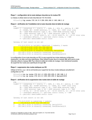 CCNA Exploration
Protocoles et concepts de routage : Routage statique Travaux pratiques 2.8.1 : configuration de base d’une route statique
Copyright sur l’intégralité du contenu © 1992 – 2007 Cisco Systems, Inc. Tous droits réservés.
Ce document contient des informations publiques Cisco. Page 18 sur 21
Étape 1 : configuration de la route statique résumée sur le routeur R3
Le réseau à utiliser dans la route résumée est 172.16.0.0/22.
R3(config)#ip route 172.16.0.0 255.255.252.0 192.168.1.2
Étape 2 : vérification de l’installation de la route résumée dans la table de routage
R3#_________________________________
Codes: C - connected, S - static, I - IGRP, R - RIP, M - mobile, B - BGP
D - EIGRP, EX - EIGRP external, O - OSPF, IA - OSPF inter area
N1 - OSPF NSSA external type 1, N2 - OSPF NSSA external type 2
E1 - OSPF external type 1, E2 - OSPF external type 2, E - EGP
i - IS-IS, L1 - IS-IS level-1, L2 - IS-IS level-2, ia - IS-IS inter area
* - candidate default, U - per-user static route, o - ODR
P - periodic downloaded static route
Gateway of last resort is not set
172.16.0.0/16 is variably subnetted, 3 subnets, 2 masks
S 172.16.0.0/22 [1/0] via 192.168.1.2
S 172.16.1.0/24 [1/0] via 192.168.1.2
S 172.16.2.0/24 is directly connected, Serial0/0/1
C 192.168.1.0/24 is directly connected, Serial0/0/1
C 192.168.2.0/24 is directly connected, FastEthernet0/0
La configuration d’une route résumée sur R3 n’a pas supprimé les routes statiques configurées
auparavant, car elles sont plus spécifiques. Elles utilisent toutes deux le masque /24, alors que la route
résumée utilise le masque /22. Pour réduire la taille de la table de routage, il est maintenant possible
de supprimer les routes plus spécifiques de type /24.
Étape 3 : suppression des routes statiques sur R3
Utilisez la forme « no » de la commande pour supprimer les deux routes statiques actuellement
configurées sur R3.
R3(config)#no ip route 172.16.1.0 255.255.255.0 192.168.1.2
R3(config)#no ip route 172.16.2.0 255.255.255.0 Serial0/0/0
Étape 4 : vérification de la suppression des routes dans la table de routage
R3#_________________________________
Codes: C - connected, S - static, I - IGRP, R - RIP, M - mobile, B - BGP
D - EIGRP, EX - EIGRP external, O - OSPF, IA - OSPF inter area
N1 - OSPF NSSA external type 1, N2 - OSPF NSSA external type 2
E1 - OSPF external type 1, E2 - OSPF external type 2, E - EGP
i - IS-IS, L1 - IS-IS level-1, L2 - IS-IS level-2, ia - IS-IS inter area
* - candidate default, U - per-user static route, o - ODR
P - periodic downloaded static route
Gateway of last resort is not set
172.16.0.0/22 is subnetted, 1 subnets
S 172.16.0.0 [1/0] via 192.168.1.2
C 192.168.1.0/24 is directly connected, Serial0/0/1
C 192.168.2.0/24 is directly connected, FastEthernet0/0
 