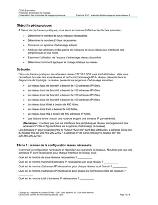 CCNA Exploration
Protocoles et concepts de routage :
Présentation des protocoles de routage dynamique Exercice 3.5.3 : scénario de découpage en sous-réseaux 2
Copyright sur l’intégralité du contenu © 1992 – 2007 Cisco Systems, Inc. Tous droits réservés.
Ce document contient des informations publiques Cisco. Page 3 sur 8
Objectifs pédagogiques
À l’issue de ces travaux pratiques, vous serez en mesure d’effectuer les tâches suivantes :
 Déterminer le nombre de sous-réseaux nécessaires
 Déterminer le nombre d’hôtes nécessaires
 Concevoir un système d’adressage adapté
 Attribuer des adresses et des paires de masques de sous-réseau aux interfaces des
périphériques et aux hôtes
 Examiner l’utilisation de l’espace d’adressage réseau disponible
 Déterminer comment appliquer le routage statique au réseau
Scénario
Dans ces travaux pratiques, les adresses réseau 172.16.0.0/16 vous sont attribuées : elles vous
permettent de créer des sous-réseaux et de fournir l’adressage IP du réseau présenté dans le
diagramme de topologie. Le réseau présente les exigences d’adressage suivantes :
 Le réseau local de Branch1 a besoin de 100 adresses IP hôtes.
 Le réseau local de Branch2 a besoin de 100 adresses IP hôtes.
 Le réseau local de Branch3 a besoin de 100 adresses IP hôtes.
 Le réseau local de Branch4 a besoin de 100 adresses IP hôtes.
 Le réseau local West a besoin de 400 hôtes.
 Le réseau local East a besoin de 400 hôtes.
 Le réseau local HQ a besoin de 500 adresses IP hôtes.
 Les liaisons entre chacun des routeurs exigent une adresse IP par extrémité.
(Remarque : n’oubliez pas que les interfaces des périphériques réseau sont également des
adresses IP hôte et figurent dans les exigences d’adressage ci-dessus).
Les adresses IP pour la liaison entre le routeur HQ et ISP sont déjà attribuées. L’adresse Serial 0/2
du routeur HQ est 209.165.200.226/27. L’adresse IP de Serial 0/0 pour le routeur ISP est
209.165.200.227/27.
Tâche 1 : rxamen de la configuration réseau nécessaire
Examinez la configuration nécessaire et répondez aux questions ci-dessous. N’oubliez pas que des
adresses IP sont nécessaires pour chaque interface de réseau local.
Quel est le nombre de sous-réseaux nécessaires ? __________
Quel est le nombre maximal d’adresses IP nécessaires par sous-réseau ? __________
Quel est le nombre d’adresses IP nécessaires pour chaque réseau local Branch ? __________
Quel est le nombre d’adresses IP nécessaires pour toutes les connexions entre les routeurs ?
__________
Quel est le nombre total d’adresses IP nécessaires ? __________
 