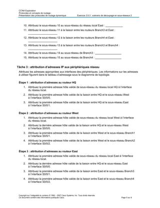 CCNA Exploration
Protocoles et concepts de routage :
Présentation des protocoles de routage dynamique Exercice 3.5.3 : scénario de découpage en sous-réseaux 2
Copyright sur l’intégralité du contenu © 1992 – 2007 Cisco Systems, Inc. Tous droits réservés.
Ce document contient des informations publiques Cisco. Page 5 sur 8
10. Attribuez le sous-réseau 10 au sous-réseau du réseau local East : ____________
11. Attribuez le sous-réseau 11 à la liaison entre les routeurs Branch3 et East :
____________________
12. Attribuez le sous-réseau 12 à la liaison entre les routeurs Branch4 et East :
____________________
13. Attribuez le sous-réseau 13 à la liaison entre les routeurs Branch3 et Branch4 :
____________________
14. Attribuez le sous-réseau 14 au sous-réseau de Branch3 : __________________
15. Attribuez le sous-réseau 15 au sous-réseau de Branch4 : __________________
Tâche 3 : attribution d’adresses IP aux périphériques réseau
Attribuez les adresses appropriées aux interfaces des périphériques. Les informations sur les adresses
à utiliser figurent dans le tableau d’adressage sous le diagramme de topologie.
Étape 1 : attribution d’adresses au routeur HQ
1. Attribuez la première adresse hôte valide de sous-réseau du réseau local HQ à l’interface
du réseau local.
2. Attribuez la première adresse hôte valide de la liaison entre HQ et le sous-réseau West
à l’interface S0/0/0.
3. Attribuez la première adresse hôte valide de la liaison entre HQ et le sous-réseau East
à l’interface S0/0/1.
Étape 2 : attribution d’adresses au routeur West
1. Attribuez la première adresse hôte valide de sous-réseau du réseau local West à l’interface
du réseau local.
2. Attribuez la dernière adresse hôte valide de la liaison entre HQ et le sous-réseau West
à l’interface S0/0/0.
3. Attribuez la première adresse hôte valide de la liaison entre West et le sous-réseau Branch1
à l’interface S0/0/1.
4. Attribuez la première adresse hôte valide de la liaison entre West et le sous-réseau Branch2
à l’interface S0/0/2.
Étape 3 : attribution d’adresses au routeur East
1. Attribuez la première adresse hôte valide de sous-réseau du réseau local East à l’interface
du réseau local.
2. Attribuez la dernière adresse hôte valide de la liaison entre HQ et le sous-réseau East
à l’interface S0/0/0.
3. Attribuez la première adresse hôte valide de la liaison entre East et le sous-réseau Branch3
à l’interface S0/0/1.
4. Attribuez la première adresse hôte valide de la liaison entre East et le sous-réseau Branch4
à l’interface S0/0/2.
 