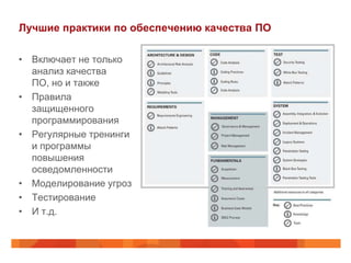 Лучшие практики по обеспечению качества ПО
• Включает не только
анализ качества
ПО, но и также
• Правила
защищенного
программирования
• Регулярные тренинги
и программы
повышения
осведомленности
• Моделирование угроз
• Тестирование
• И т.д.
 