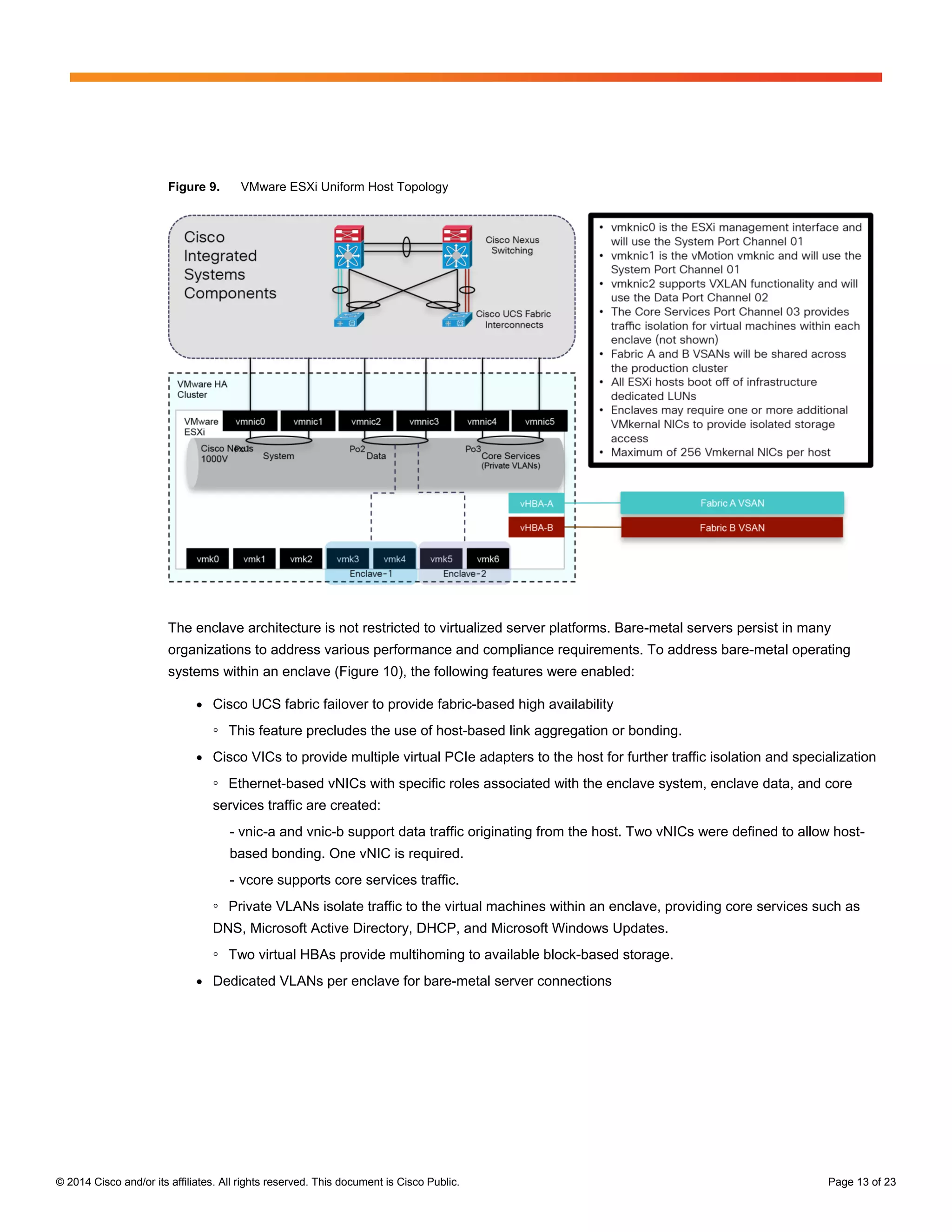 © 2014 Cisco and/or its affiliates. All rights reserved. This document is Cisco Public. Page 13 of 23
Figure 9. VMware ESXi Uniform Host Topology
The enclave architecture is not restricted to virtualized server platforms. Bare-metal servers persist in many
organizations to address various performance and compliance requirements. To address bare-metal operating
systems within an enclave (Figure 10), the following features were enabled:
● Cisco UCS fabric failover to provide fabric-based high availability
◦ This feature precludes the use of host-based link aggregation or bonding.
● Cisco VICs to provide multiple virtual PCIe adapters to the host for further traffic isolation and specialization
◦ Ethernet-based vNICs with specific roles associated with the enclave system, enclave data, and core
services traffic are created:
- vnic-a and vnic-b support data traffic originating from the host. Two vNICs were defined to allow host-
based bonding. One vNIC is required.
- vcore supports core services traffic.
◦ Private VLANs isolate traffic to the virtual machines within an enclave, providing core services such as
DNS, Microsoft Active Directory, DHCP, and Microsoft Windows Updates.
◦ Two virtual HBAs provide multihoming to available block-based storage.
● Dedicated VLANs per enclave for bare-metal server connections
 