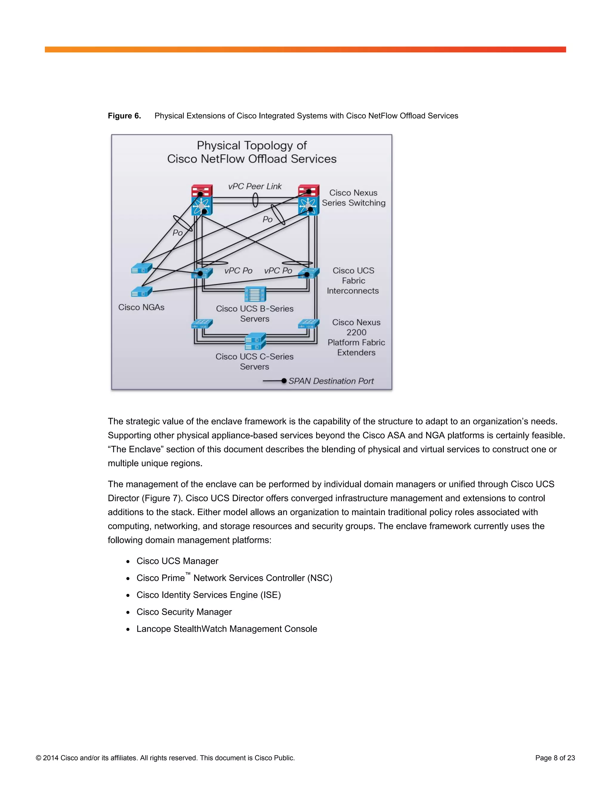 © 2014 Cisco and/or its affiliates. All rights reserved. This document is Cisco Public. Page 8 of 23
Figure 6. Physical Extensions of Cisco Integrated Systems with Cisco NetFlow Offload Services
The strategic value of the enclave framework is the capability of the structure to adapt to an organization’s needs.
Supporting other physical appliance-based services beyond the Cisco ASA and NGA platforms is certainly feasible.
“The Enclave” section of this document describes the blending of physical and virtual services to construct one or
multiple unique regions.
The management of the enclave can be performed by individual domain managers or unified through Cisco UCS
Director (Figure 7). Cisco UCS Director offers converged infrastructure management and extensions to control
additions to the stack. Either model allows an organization to maintain traditional policy roles associated with
computing, networking, and storage resources and security groups. The enclave framework currently uses the
following domain management platforms:
● Cisco UCS Manager
● Cisco Prime
™
Network Services Controller (NSC)
● Cisco Identity Services Engine (ISE)
● Cisco Security Manager
● Lancope StealthWatch Management Console
 