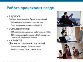 Работа происходит везде

            В ДОРОГЕ
             (отели, аэропорты, бизнес-центры)
                  280 миллионов бизнес-поездок в год
                  Спад производительности >60–65%
            ДОМА (teleworking)
                  137 миллионов надомных работников в 2003г.
                  40% надомных работников в США из крупных
                   компаний и среднего бизнеса
            НА РАБОТЕ
             (филиалы, отделения, партнеры)
                  E-business требует быстрых сетей
                  Филиал должен быть там где люди




Security Trends   © 2006 Cisco Systems, Inc. All rights reserved.   Cisco Confidential   31/77
 
