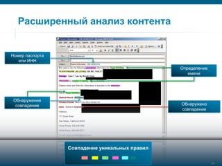 Расширенный анализ контента


    Номер паспорта
       или ИНН
                                                                                         Определение
                                                                                            имени




      Обнаружение
       совпадение                                                                        Обнаружено
                                                                                         совпадение




                                                         Совпадение уникальных правил


Security Trends   © 2006 Cisco Systems, Inc. All rights reserved.   Cisco Confidential                   49
                                                                                                      49/77
 